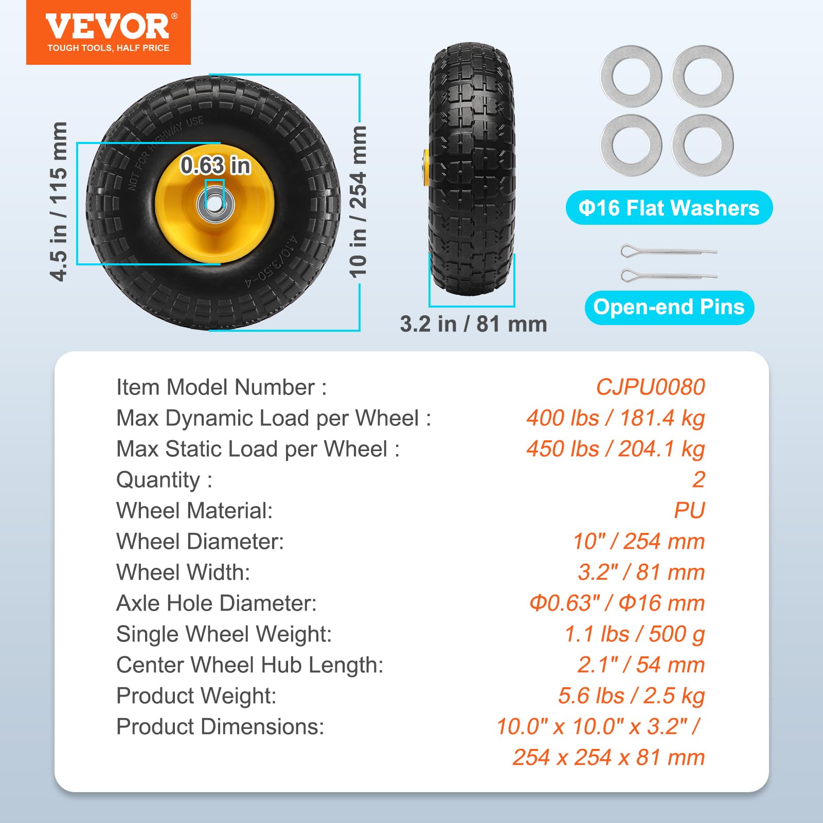 VEVOR Roue à pneu à plat PU solide, 254 mm, lot de 2, charge dynamique 181,4 kg, charge statique 204,1 kg, pneus roues sans chambre à air pour diable, chariot utilitaire, chariots, remorques de jardin