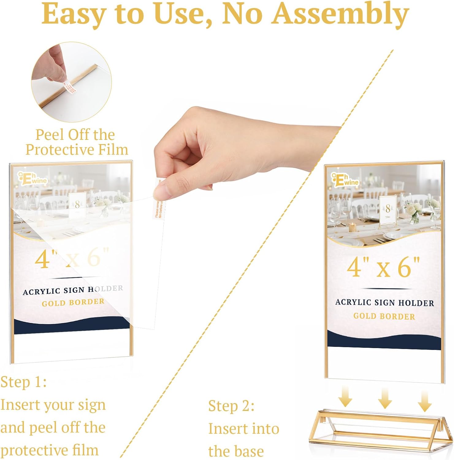 EHWINE 14 Pack 4×6 Clear Acrylic Sign Holder with Gold Borders and Vertical Stand, Double Sided Table Menu Holders Picture Frames for Wedding Table Numbers, Restaurant Signs, Photos and Art Display