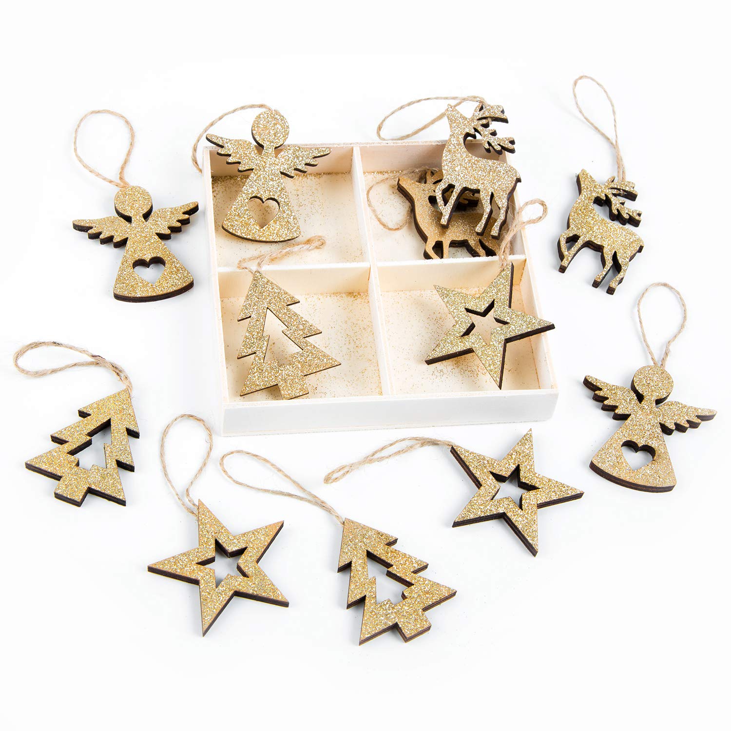 Logbuch-Verlag 12 Ciondoli Natalizi In Legno Oro – Renna, Angelo, Stella E Albero Con Glitter – Decorazioni Fai Da Te Per Albero E Regali - 3