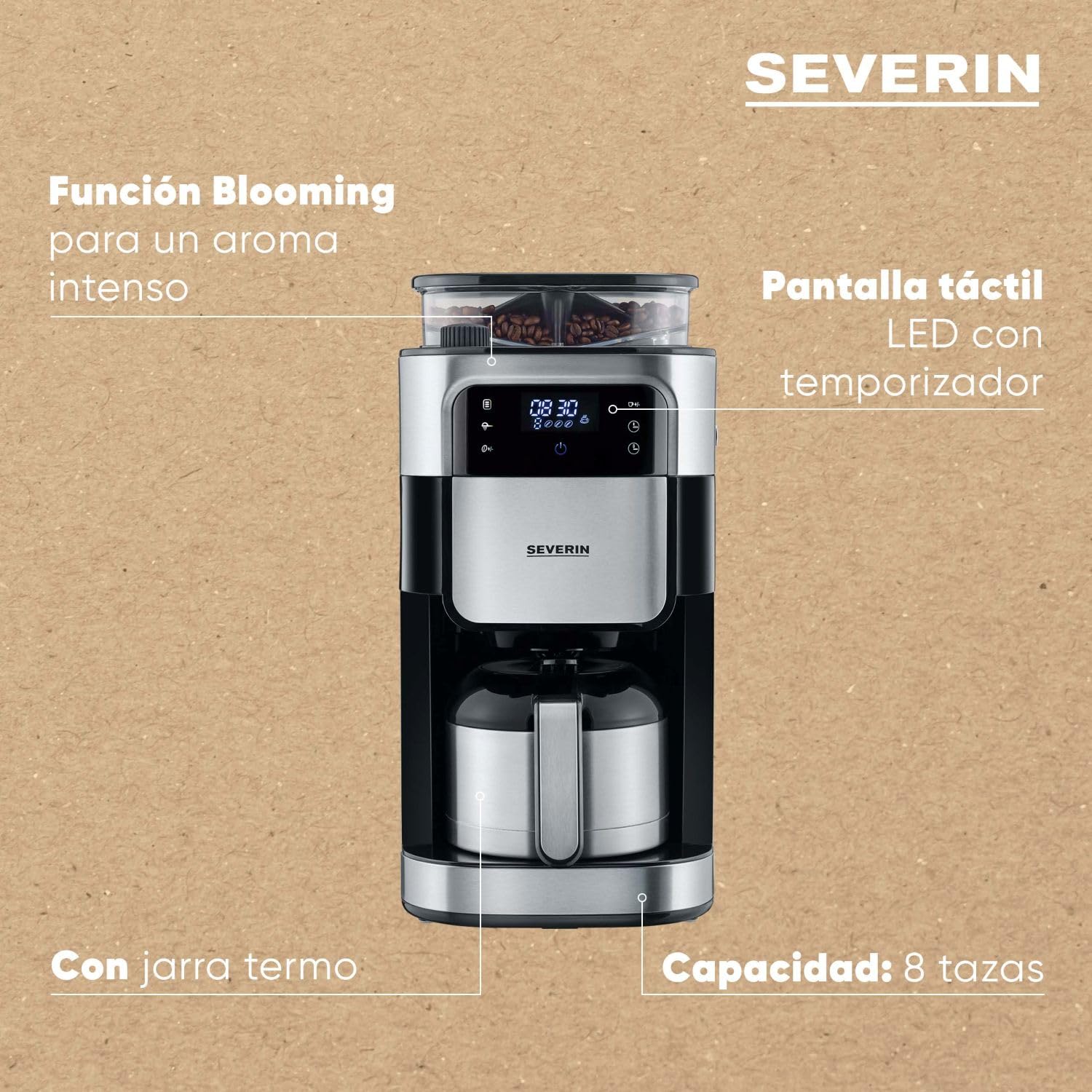 SEVERIN - Cafetera de goteo con molinillo hasta 10 tazas, Cafetera de filtro / Cafetera americana con jarra de cristal de 1l, con pantalla LED con temporizador, Acero inoxidable / Negro, KA 4814