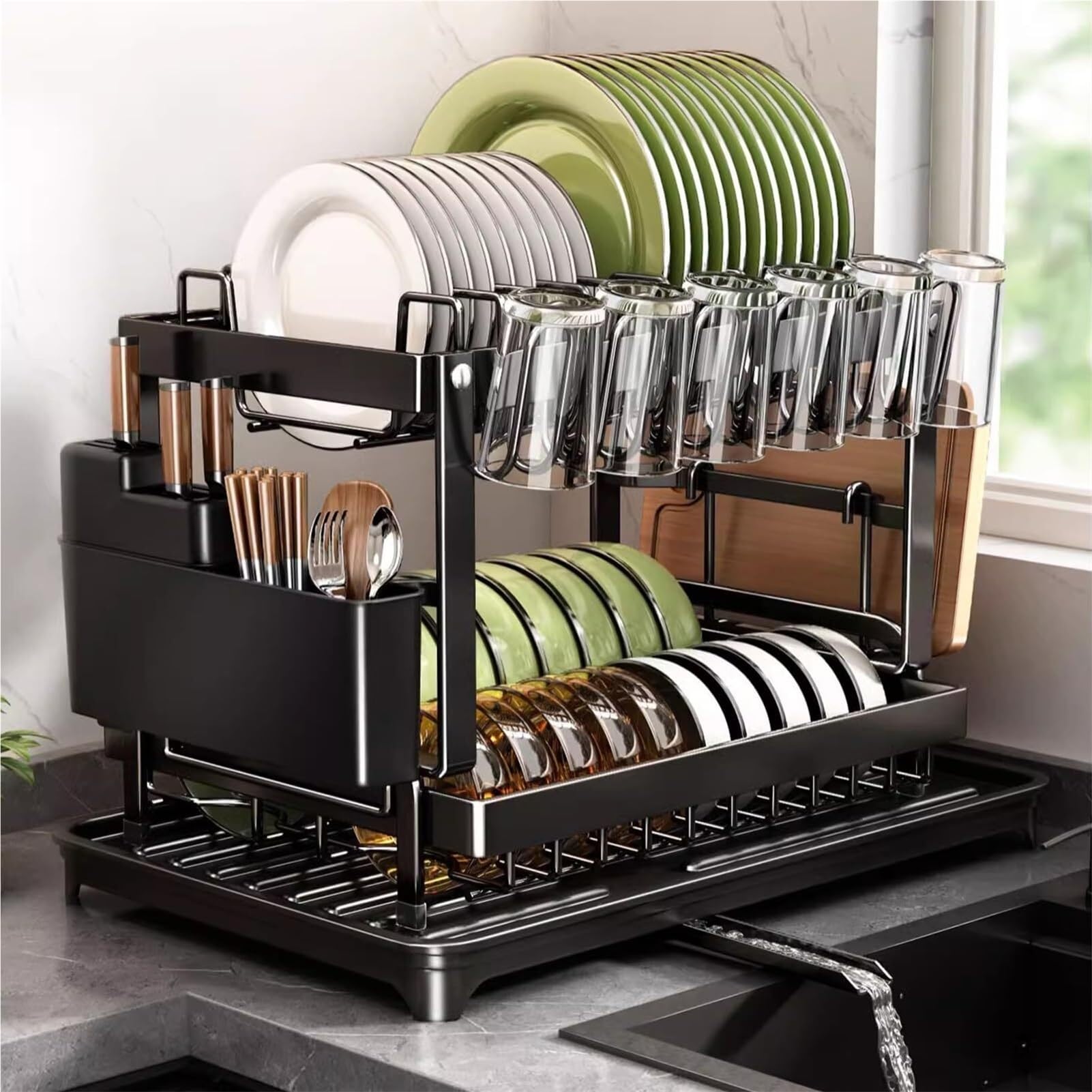 SaryEdge Drying Rack For Kitchen Counter, Countertop Dish Rack Stainless Steel Dish Rack Drainer Dish Drying Rack For Kitchen Counter Adjustable Swivel Spout,