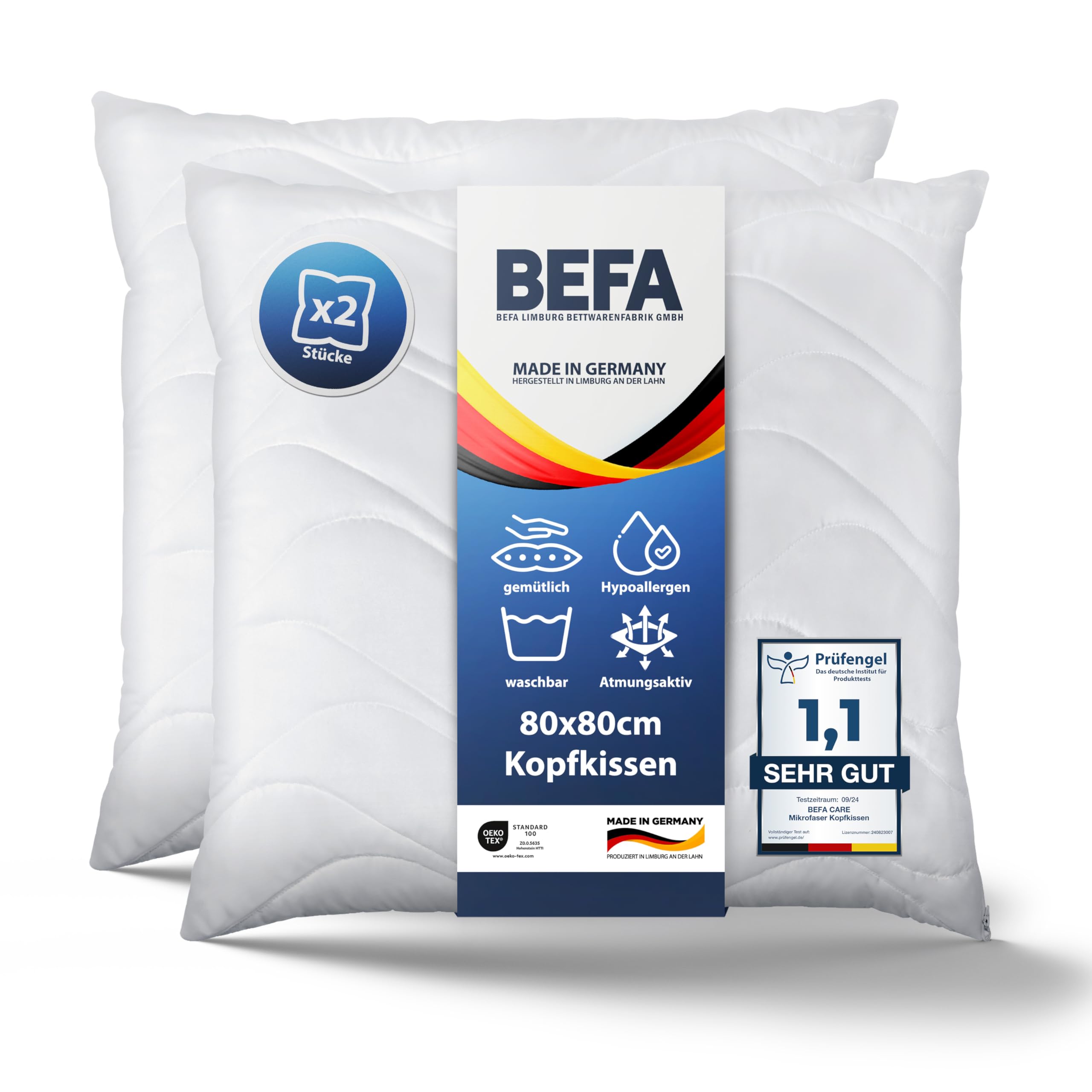 BEFA NATUR Federkissen 50x70 Cm Extra Fest – 2 Stück, 1600 G/Stück, Allergiker Geeignet