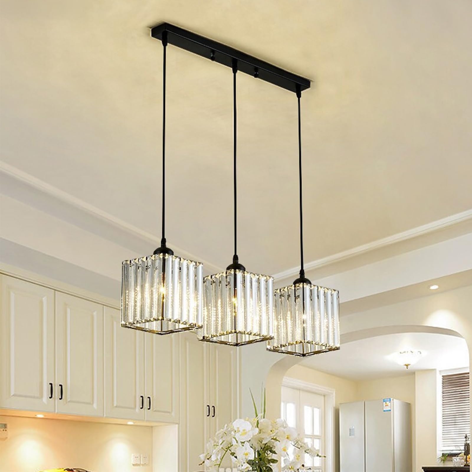 Gold Luxury Hanging During Lighting Lamp,LED Rectangle Ceiling Light for Living Room Bedroom Dining Room,Simple Rectangular Crystal Lamp,E27 Modern Round Crystal Chandelier-Black. 3 Head,Black
