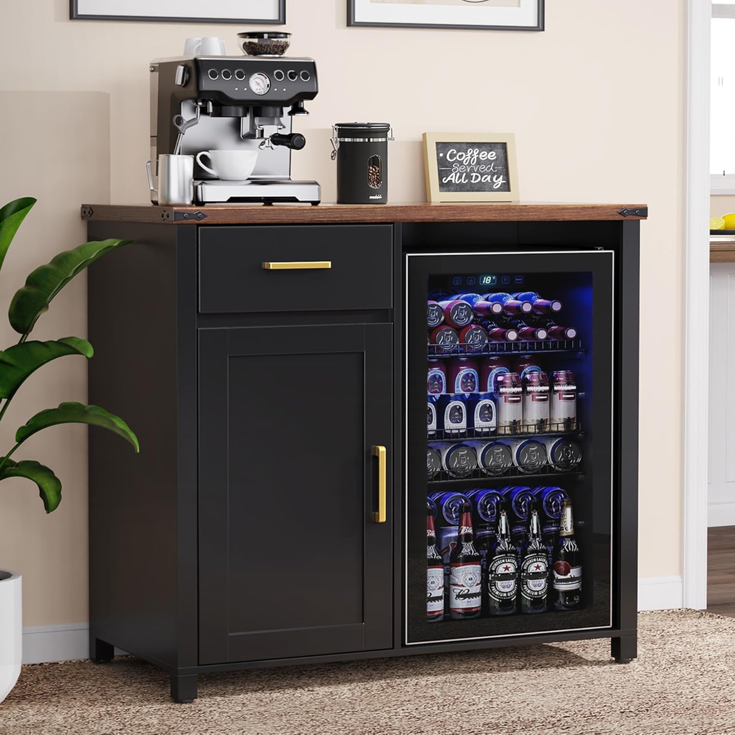 GDLF Barra de café con mini espacio para nevera, soporte para gabinete de nevera, gabinete de vino de licor para dormitorio, cocina u oficina, mesa