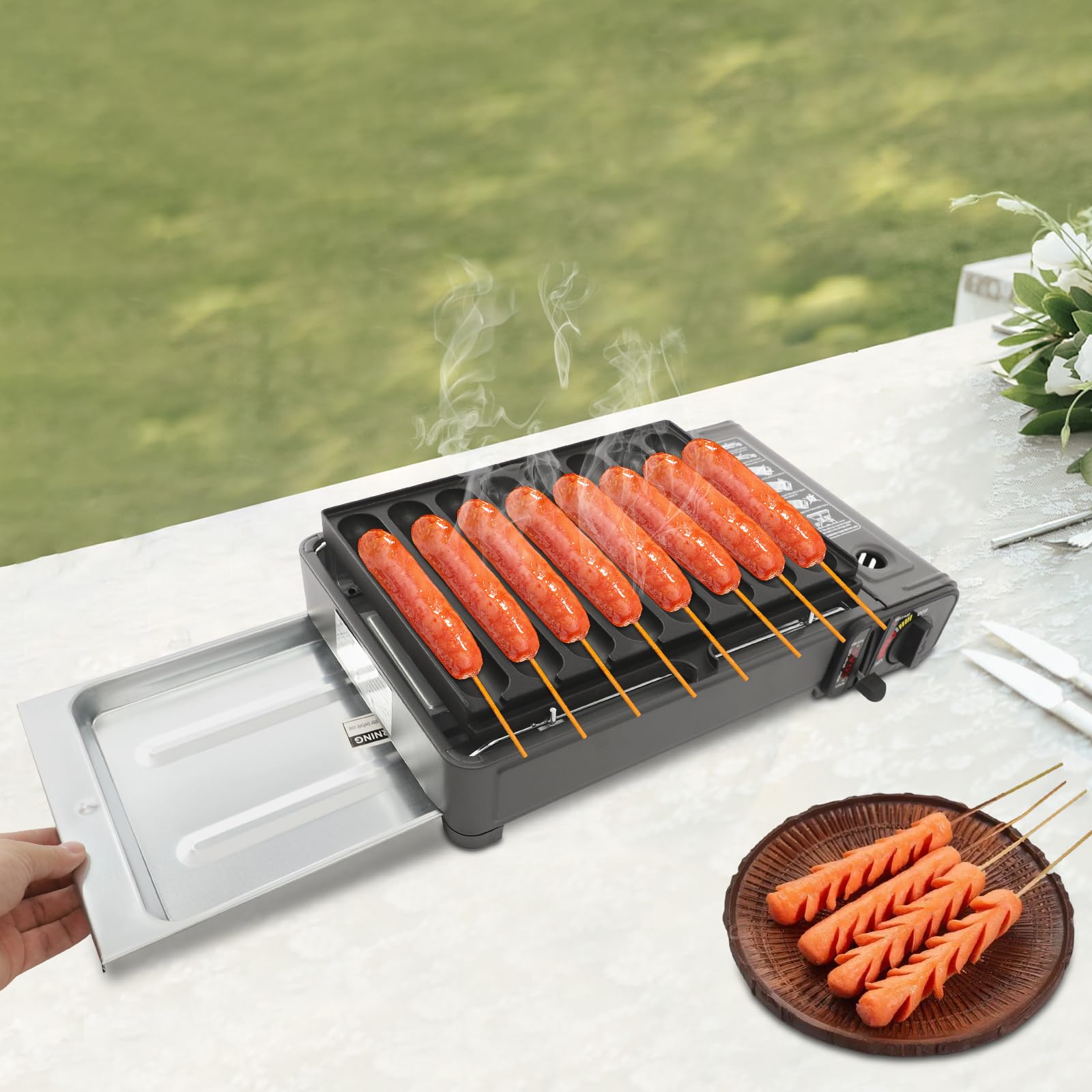 Tragbarer Gasgrill Camping, mit Würstchen-Grillplatte und Tragetasche, 2200W Campingkocher 42x26x11cm, Abnehmbare Fettauffangschale, für Balkon, Garten BBQ (Schwarz)