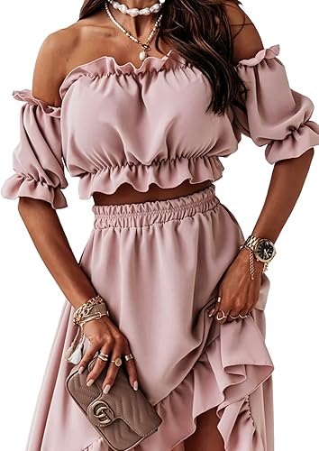 Miniatura 2 de LYANER Conjunto de dos piezas para mujer con blusa corta con hombros descubiertos y falda alta y baja