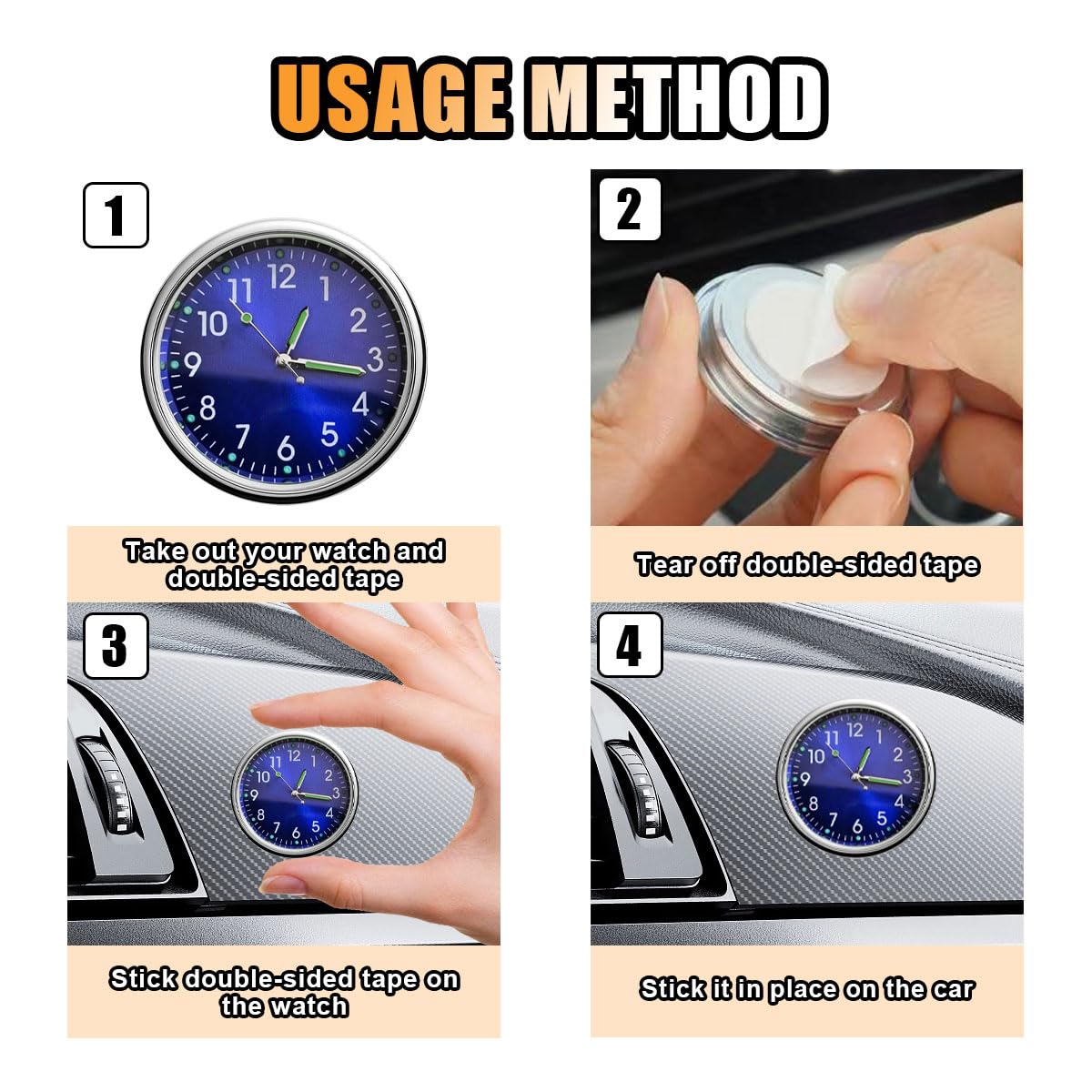 Mini-Auto-Uhr, leuchtende Uhr mit Klebstoff, Auto-Entlüftungs-Clip, Quarz-Uhren, Auto-Armaturenbrett-Uhren, Universal-Auto-Uhren-Zubehör für Zuhause, Boot, LKW, SUV, Auto (schwarz + blau), 2 Stück