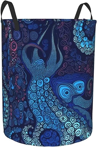 Miniatura 2 de Cesta circular con estampado de pulpo azul, impermeable, cesta organizadora de lavandería, con asas, para ropa, juguetes, tamaño mediano
