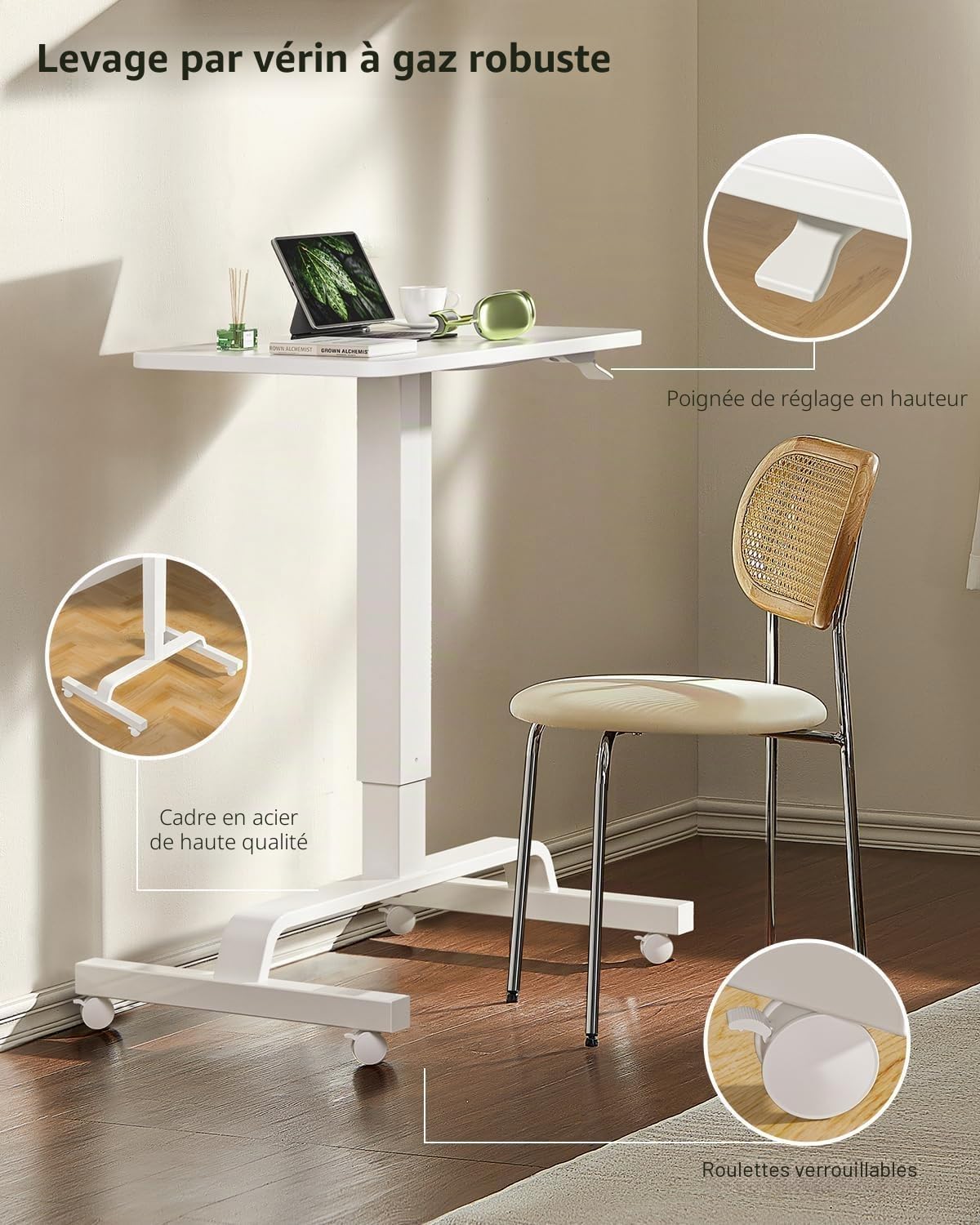 WALKINGDESK Table de Lit Ordinateur Portable avec 3 Roulette, Bureau Réglable en Hauteur, Table d'appoint, Pied à Gaz Table Roulante de Lit Mobile pour Canapé, Lecture ou Travail (Blanc Ivoire)