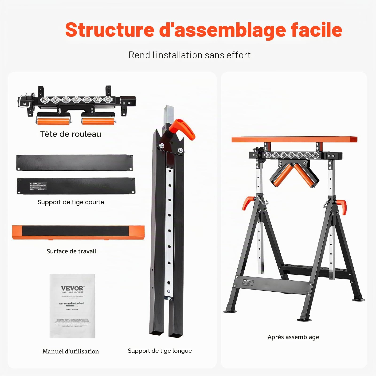 VEVOR Support 4 en 1 pour rouleaux 200 kg, trépied à roues réglable en hauteur de 84–127 cm, trépied de travail avec vis à billes et roue multidirectionnelle polie, pour sortie de scie circulaire