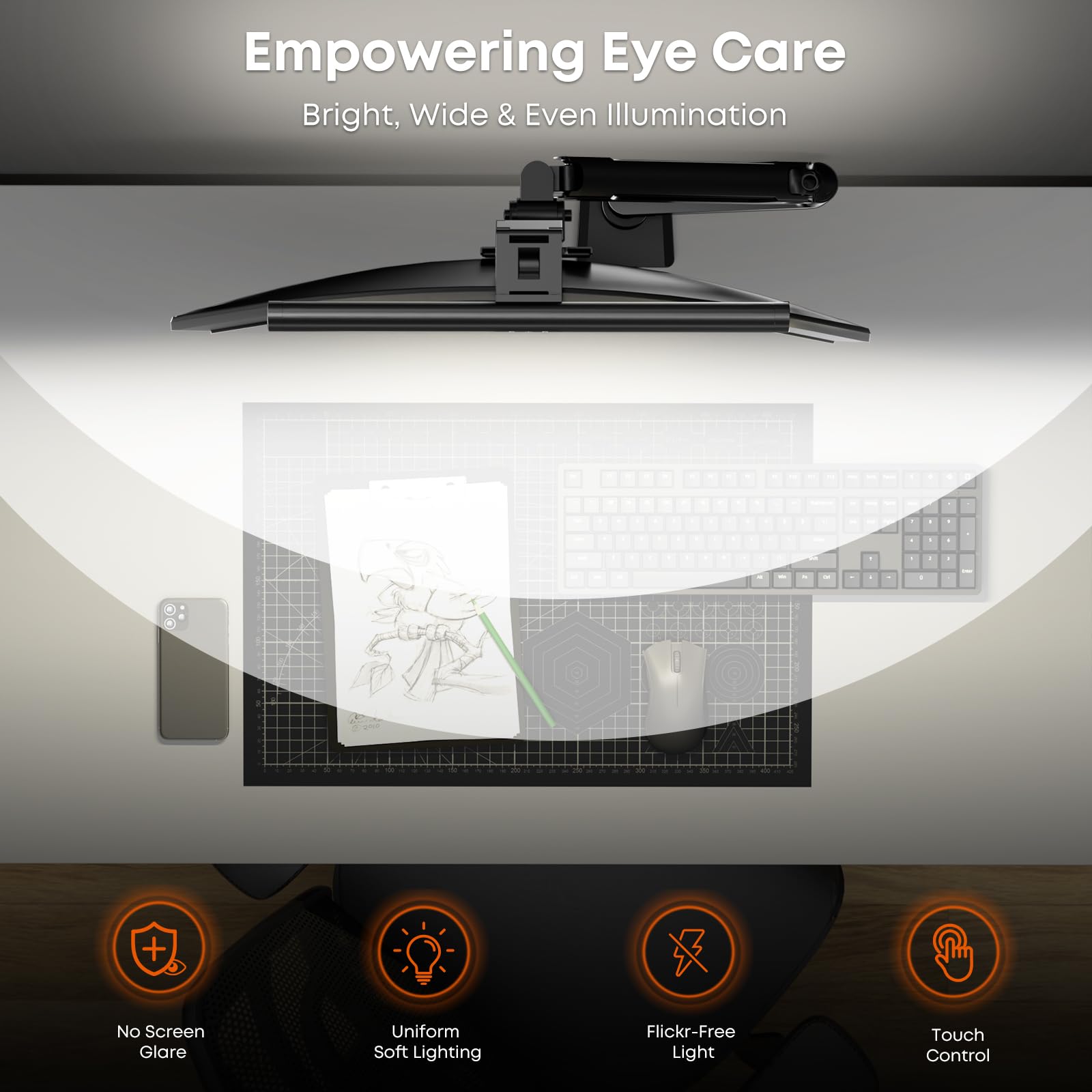 PUTORSEN Lampe LED pour Écran d'Ordinateur - Barre Lumineuse Double Face 42cm avec Contrôle Tactile, Luminosité Réglable et Température de Couleur Ajustable pour Écrans Plats et Courbes