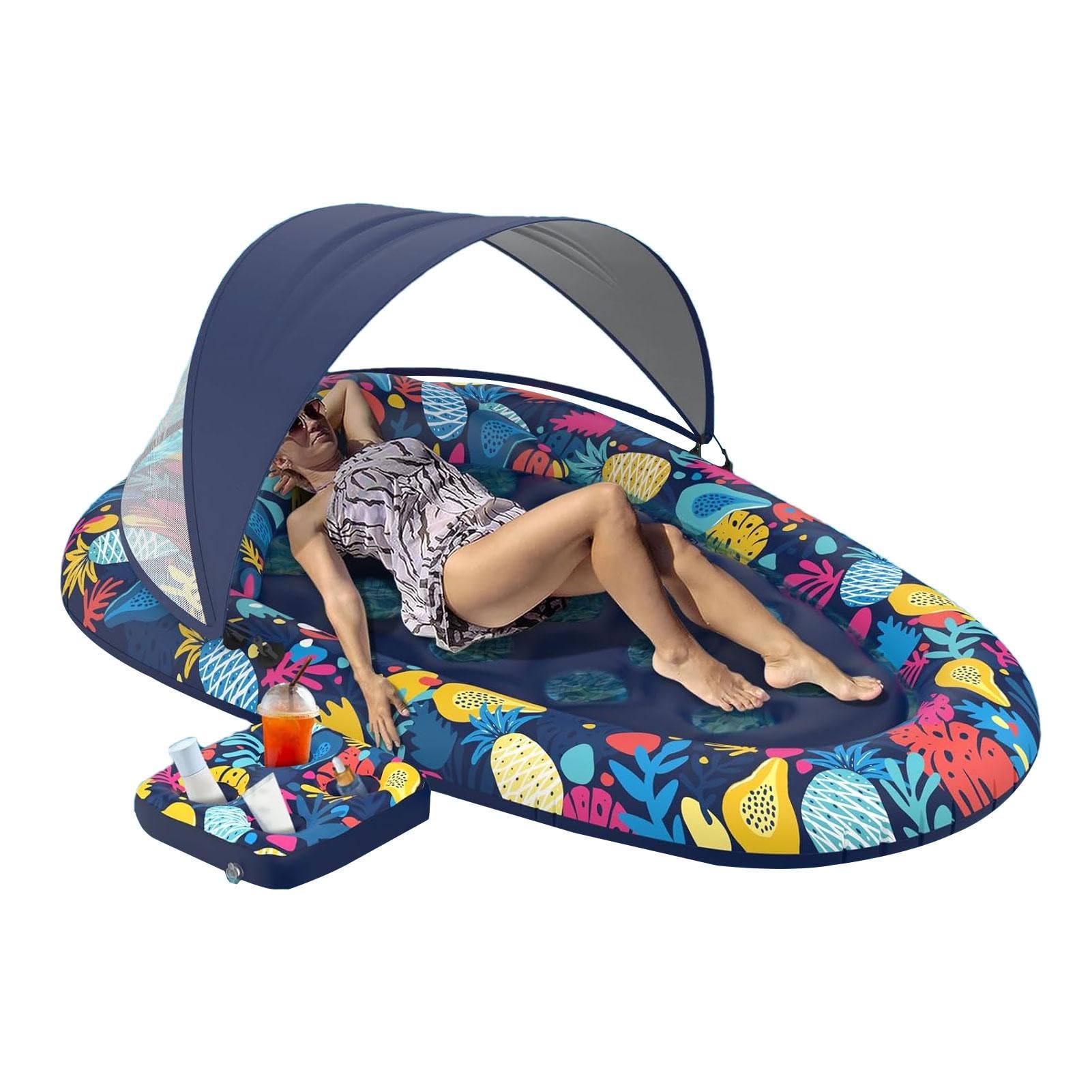 Flotadores de piscina para adultos – Tumbonas de agua con toldo para sombra, portavasos, tubo flotante inflable para piscina, patio, fiesta acuática de verano