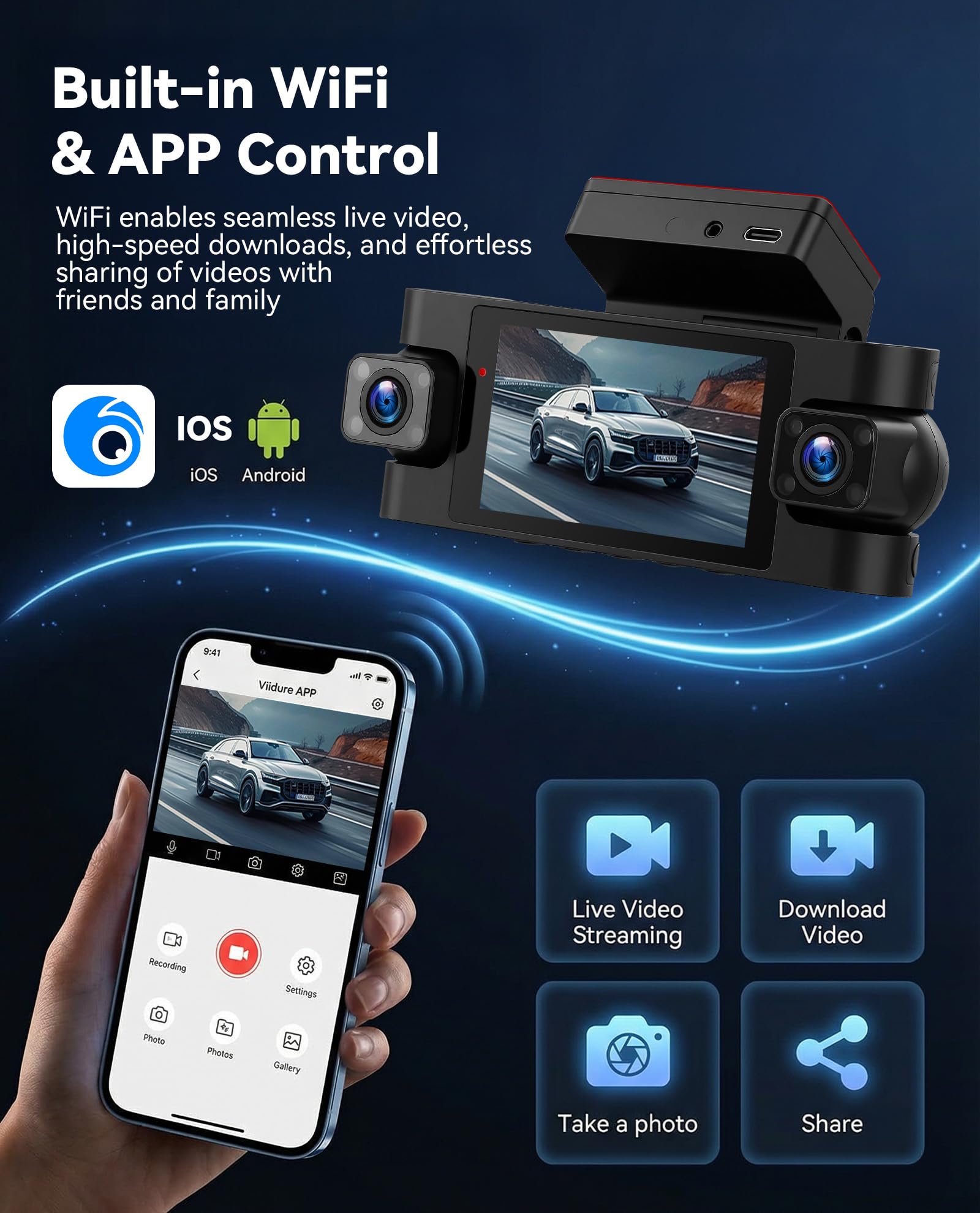 SIXWIN 360° Dashcam 2K con Pantalla de 3", Cámara para Auto con 2K + 3 x 1080P, Visión Nocturna, WiFi, Control por App, GPS, Sensor G, Estacionamiento 24/7, Grabación en Bucle, Universal