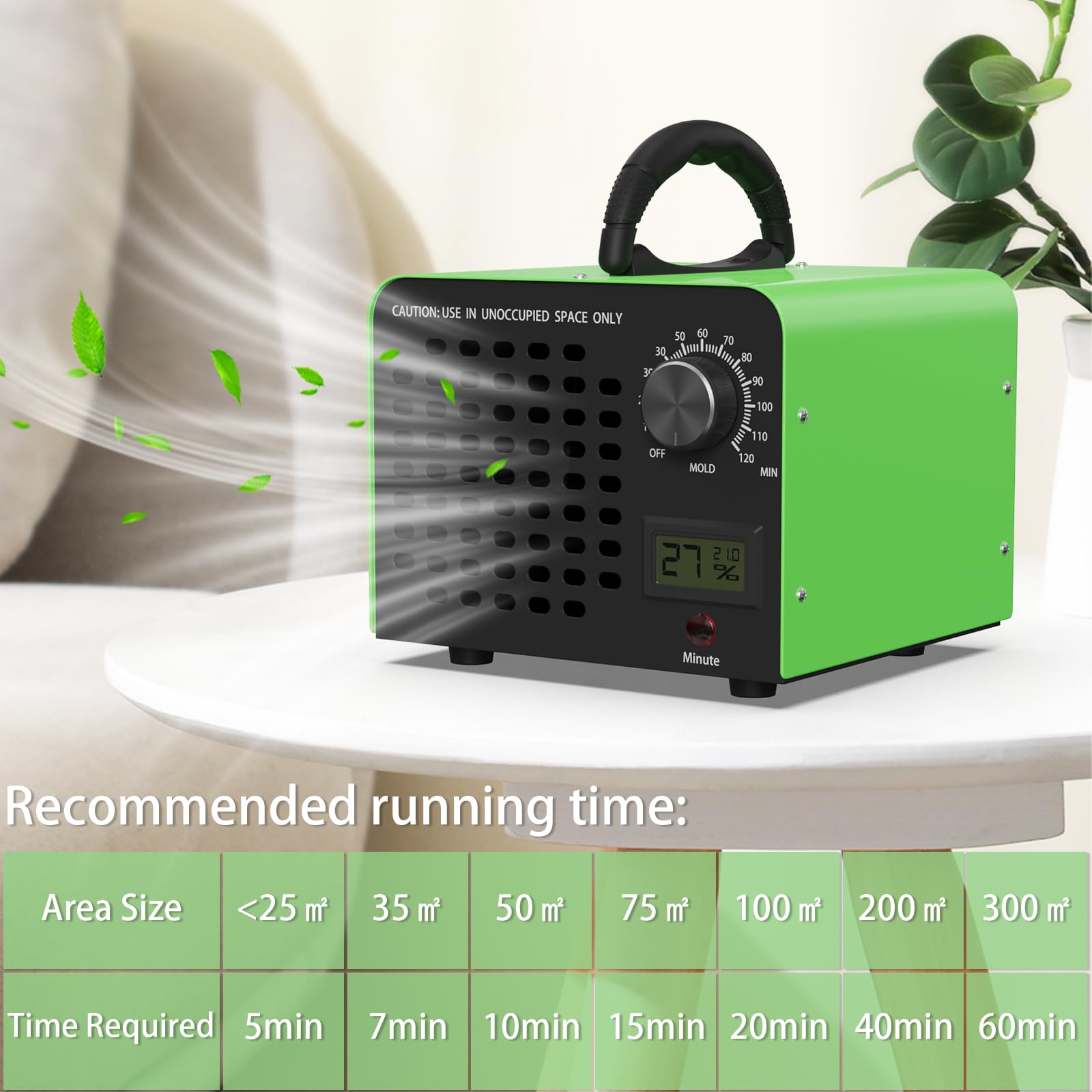 FREEUP Generatore di ozono 60.000 mg/h, Portatile Ozonizzatore per Ambienti Abitazioni Auto Casa Uffici Hotel, con Indicatore di Temperatura e Umidità, Timer 120 min, Max 400 m², Verde