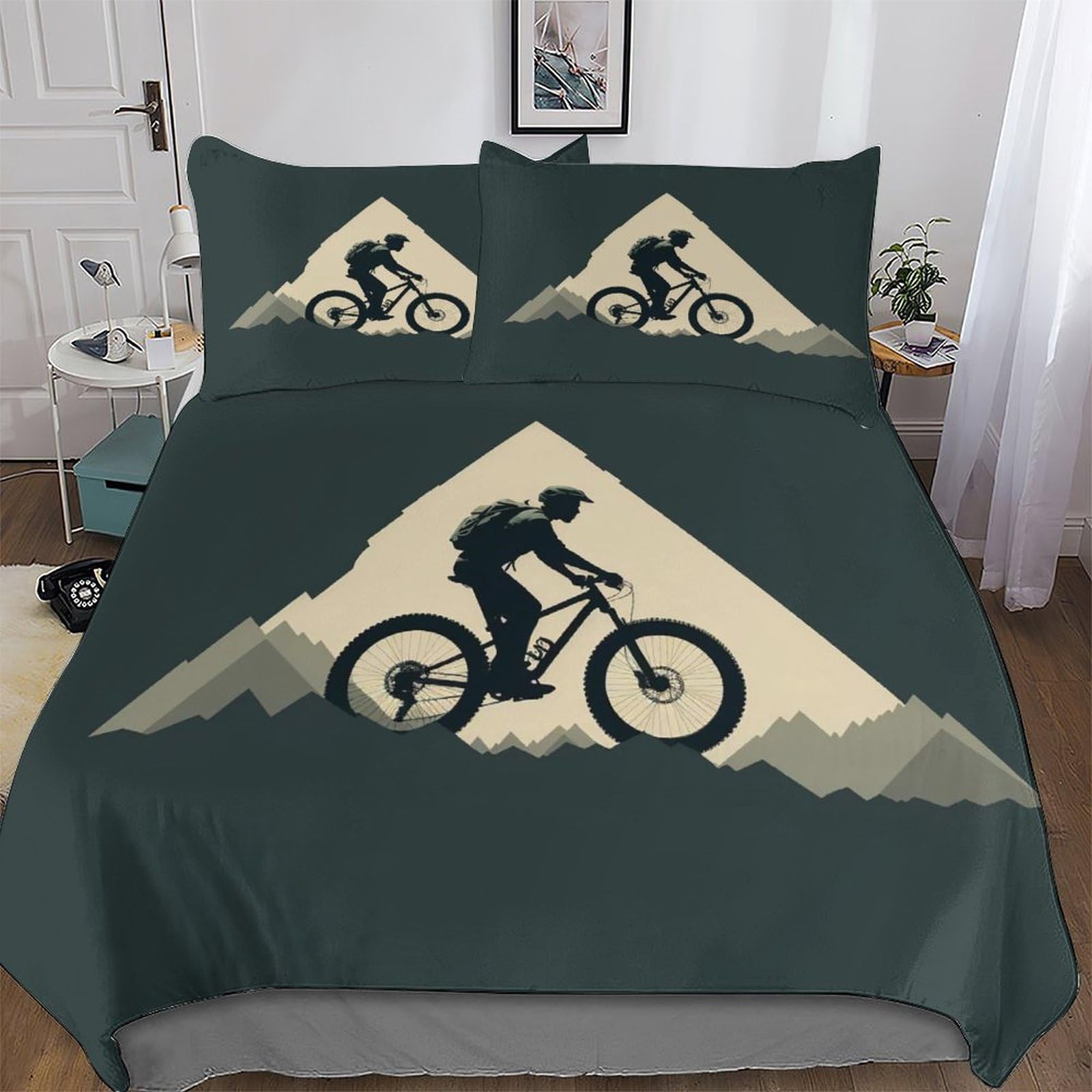 Pazzk Men's Mountain Bike-1 Mountain Bike Duvet Cover Microfiber Bedding Set 3Pcs, 3D Quilt Cover&Pillowcase, With Zipper Closure, Soft Comforter Cover For Woman Kids Double (200X200cm)