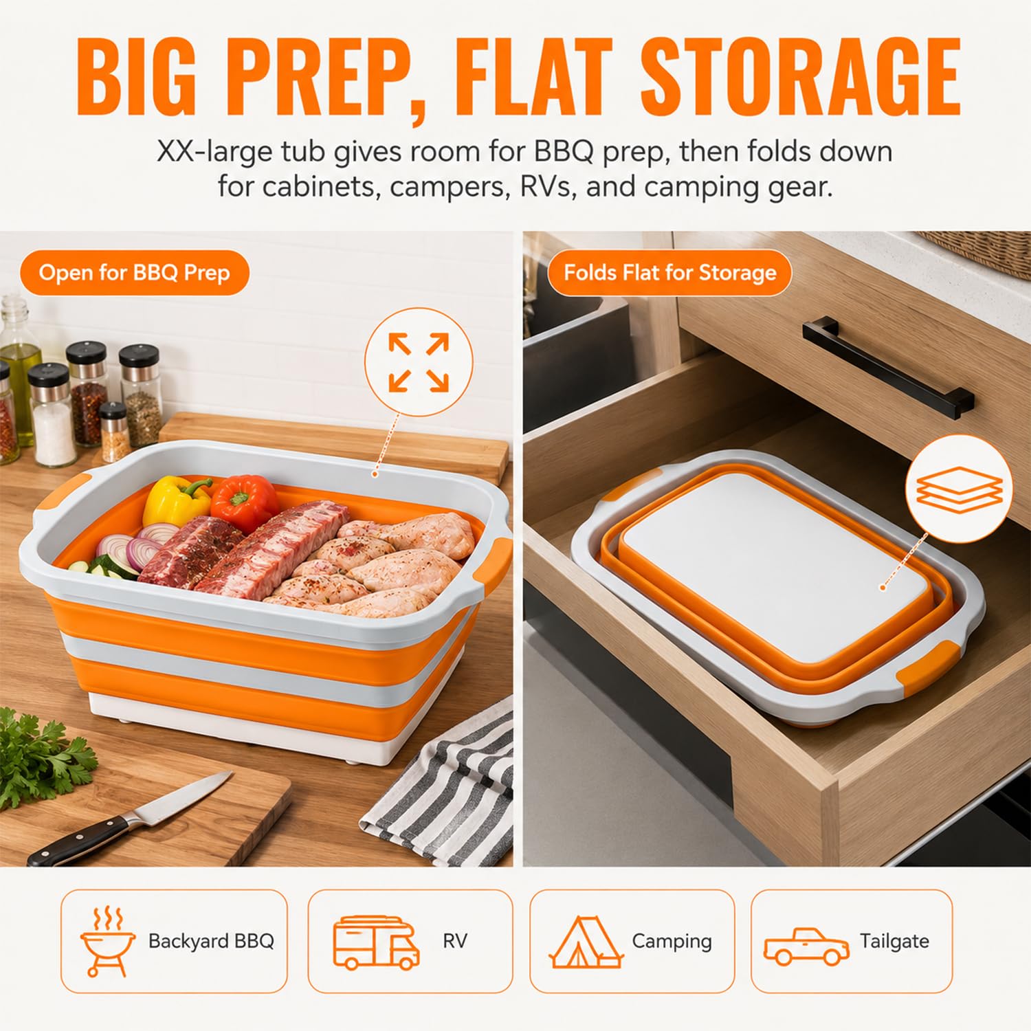 Tina de preparación para barbacoa, 30 L, color naranja, estación de preparación para parrilla XXL para cocinar | Tina de preparación de parrilla de 30 litros para cocinas, camping, servir y limpiar
