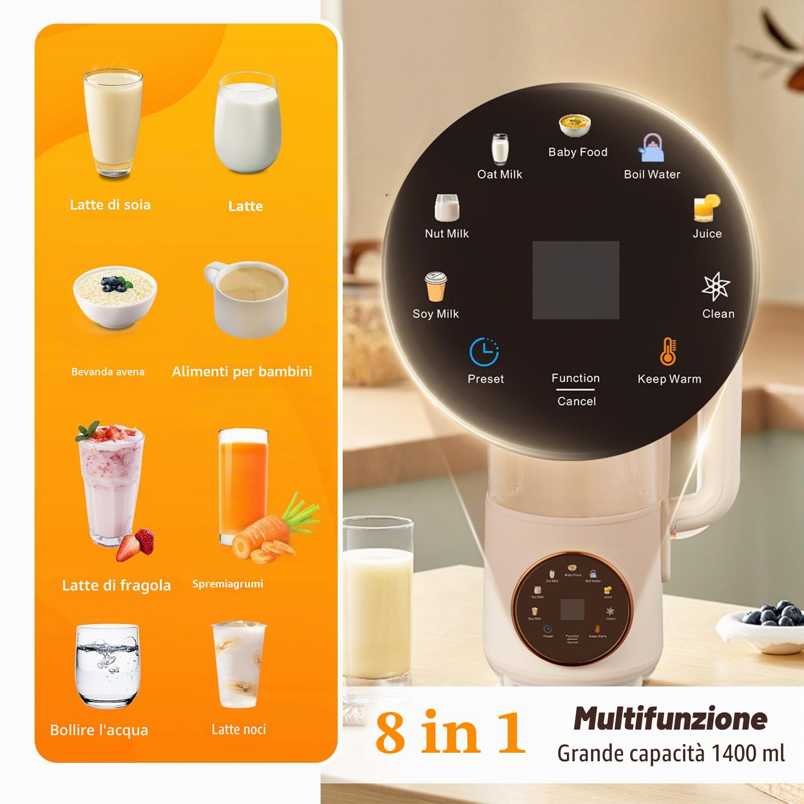 Macchina automatica del latte vegetale, 8 in 1 1400 ml soia, Produttore di soia con 16 lame, Macchina per noci Con funzione di avvio ritardato autopulente, Spremiagrumi per noci