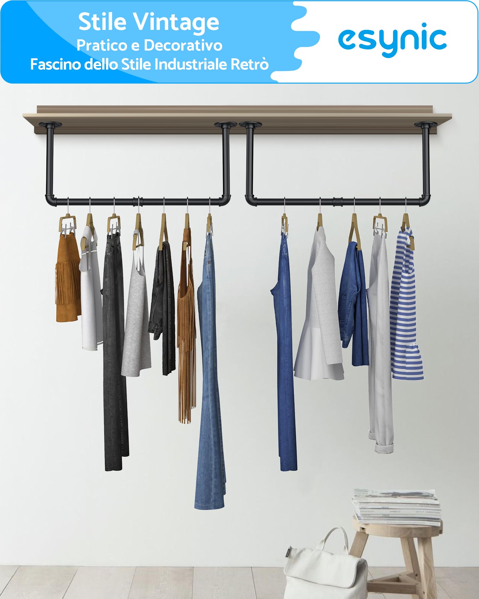 ESYNiC 2x60cm Tubi Appendiabiti da Parete in Ferro Stile Industriale Carico 25KG, Paio Attaccapanni da Muro Salvaspazio Porta Asciugamani da 60x25cm per Ingresso Guardaroba Bagno Ristorante - Nero