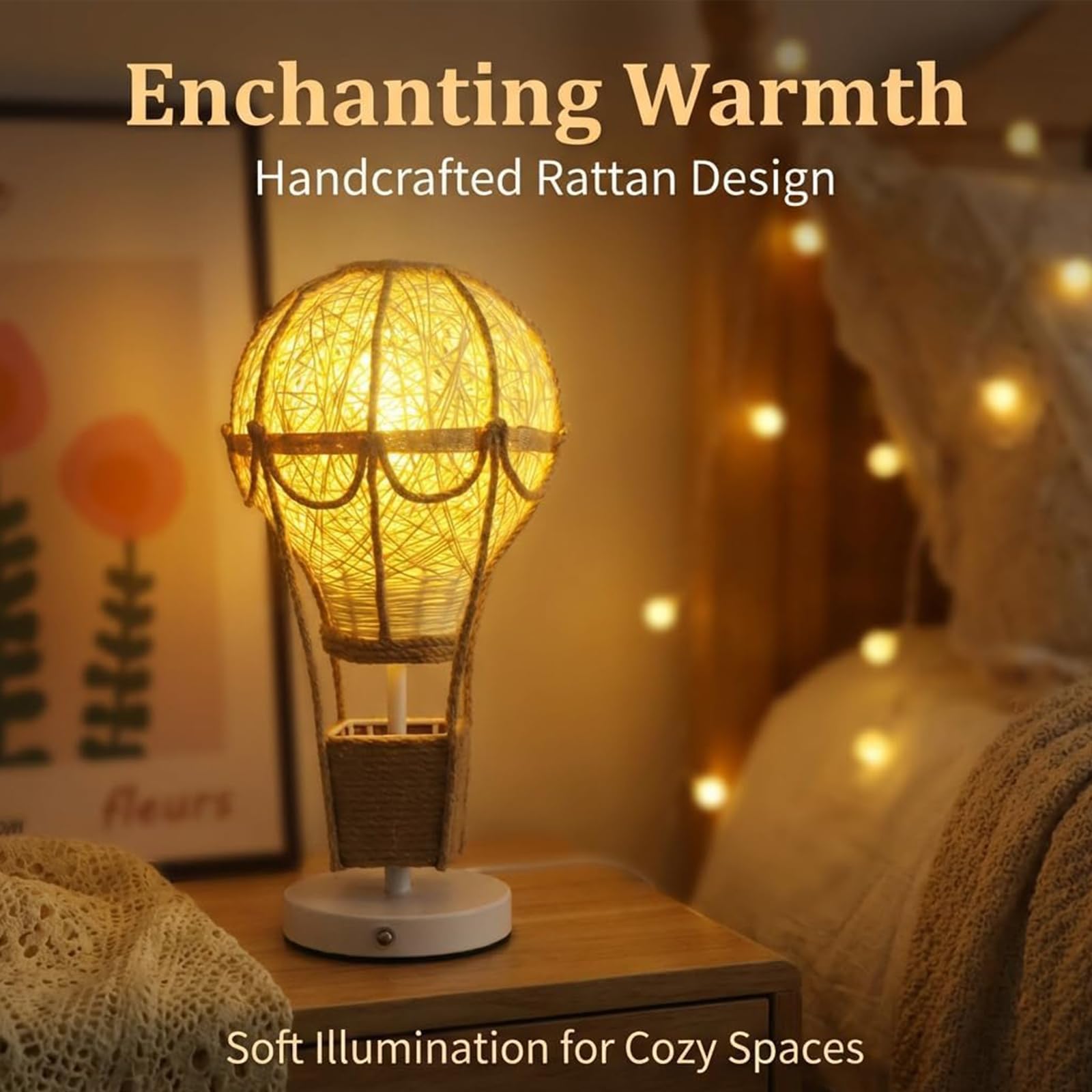 Lampada a Mongolfiera in Rattan e Canapa, Luce Calda Diffusa, Decorazione Boho Unica e Romantica per Camera e Soggiorno