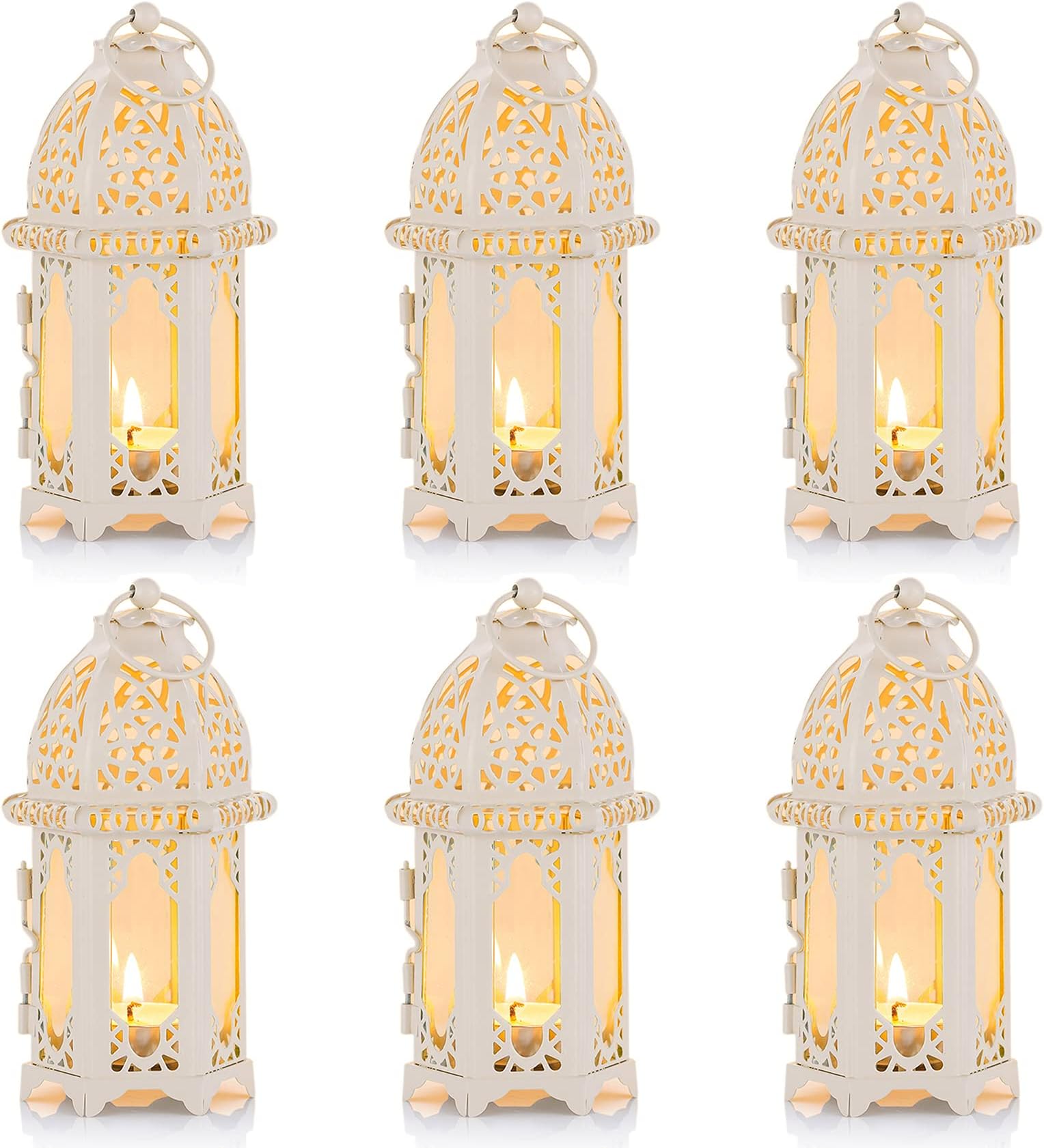 NUPTIO 6 Pcs Moroccan Style Candle Lantern - Small Sized Tealight Candle Holder with Transparent Glass Panels Great for Patio Indoors/Outdoors Events, Party and Wedding, Whit