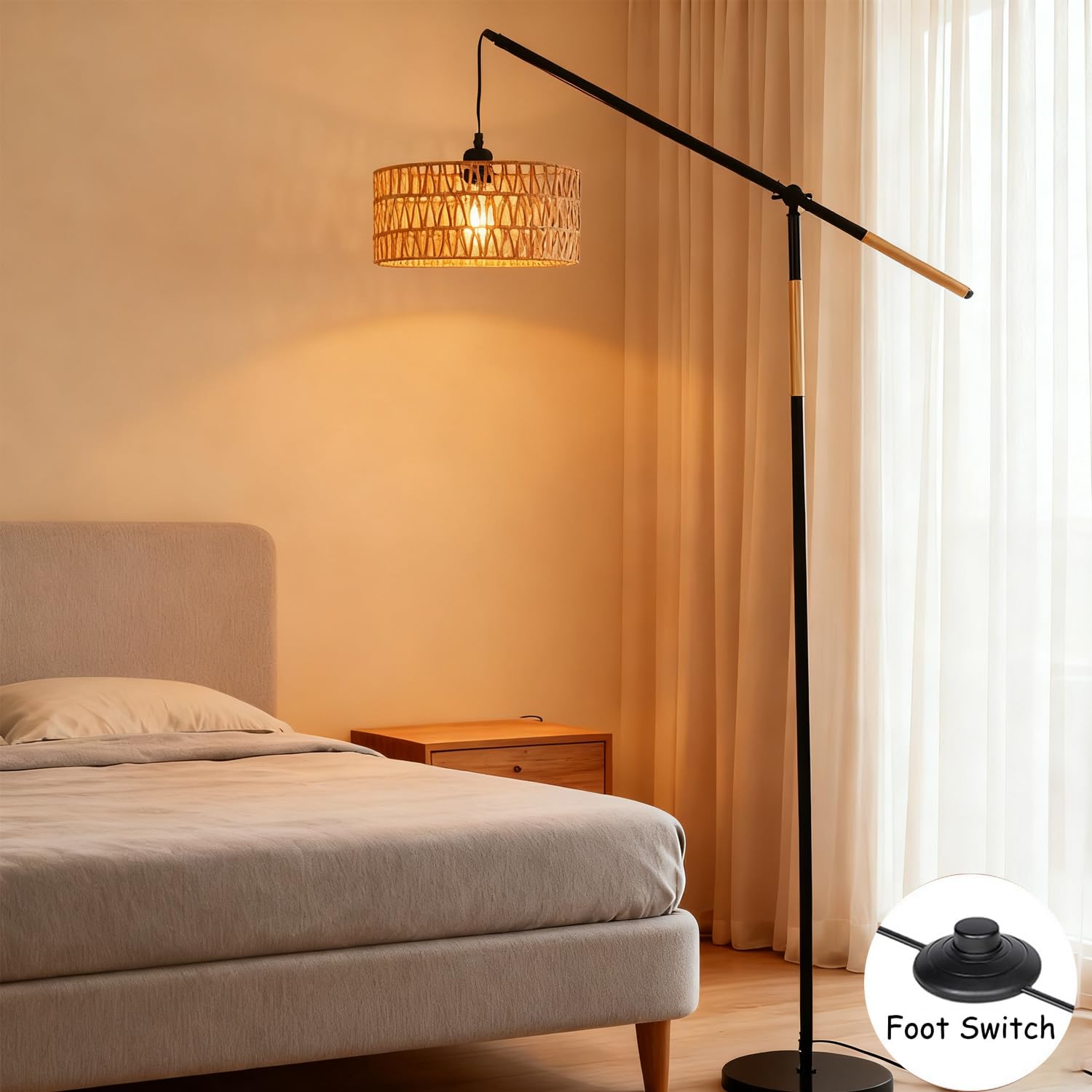 CCXXYGWJ Lampada da ad Arco - Paralume Intrecciato a Mano con Piede - Illuminazione Elegante per l'angolo della Camera da Letto e l'angolo Lettura