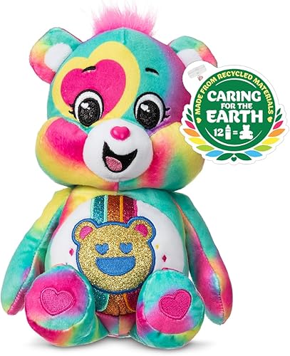 Plush Care Bears - Oso Good Vibes con purpurina de 9 pulgadas, teñido anudado multicolor, hecho de materiales reciclados. Bueno para niñas y niños,