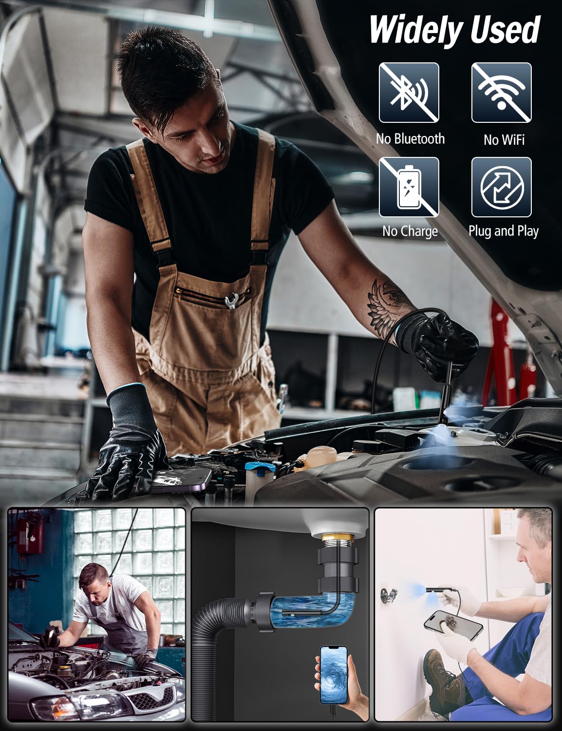 Caméra Endoscopique Double Objectif, 1920P HD Camera Inspection Canalisation avec 8+1 LEDs Réglables pour Compatible Android, iOS et tablettes, No WiFi Camera Câble Semi-Rigide(16,5 FT/5M)
