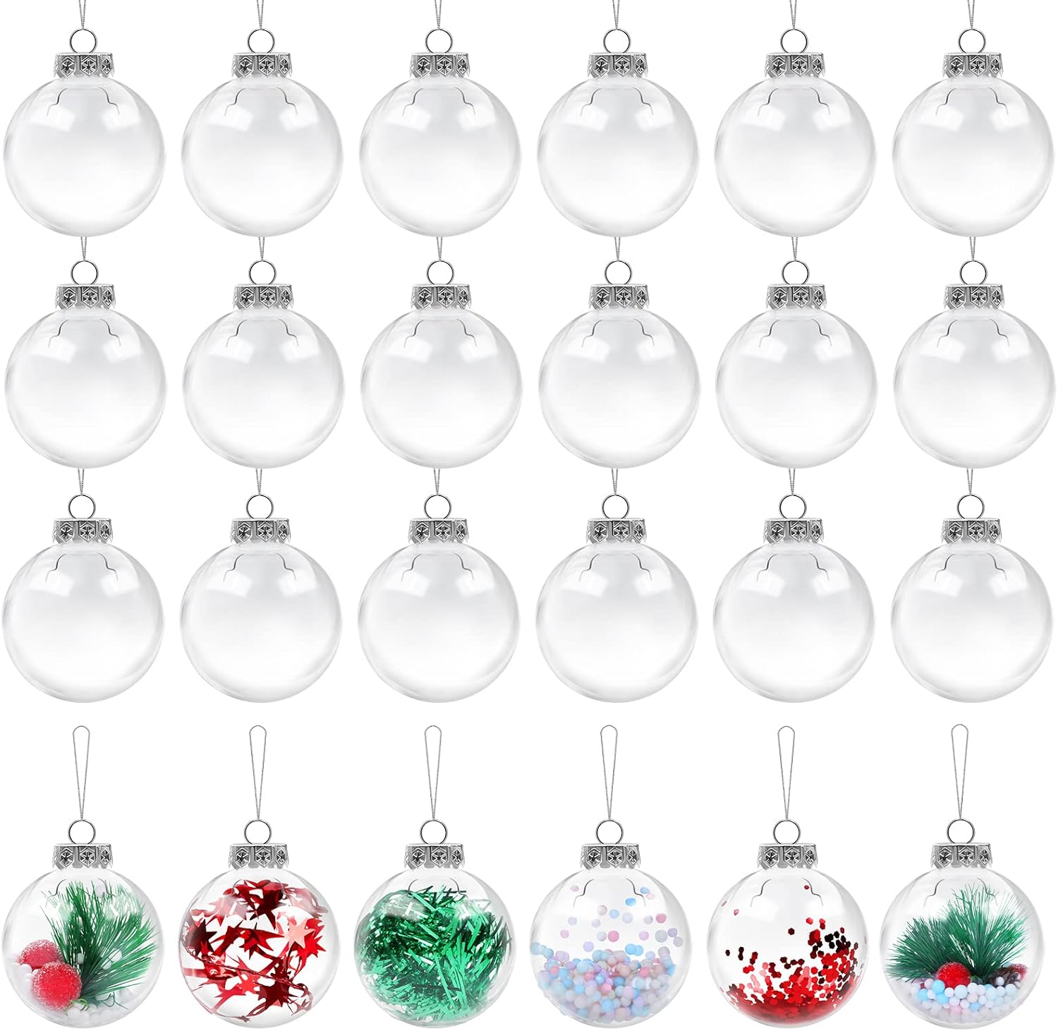 Aodaer 24 Pieces 2.36 Inch Christmas Clear Plastic Fillable Ornament Balls with Lid and Rope Transparent Christmas Decoration Baubles for Xmas Tree Home Decor Party Wedding, 60 mm 6 cm