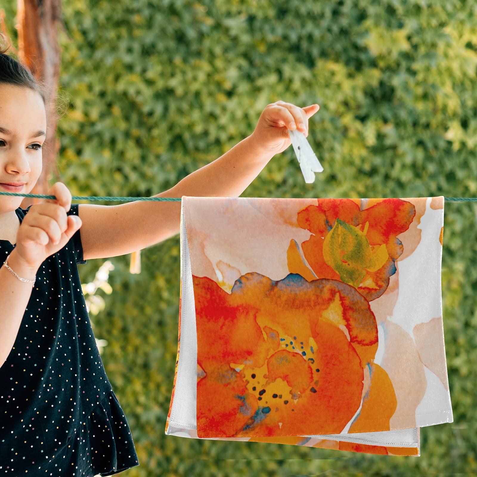 ALAZA Corn Poppy Orange Flower Hand Towel Set 2 Bathroom Bath Towels Absorbent Soft Kitchen Dish Towels Guest Towel Quick Drying Washcloths for Hotel Gym Spa Home Decor