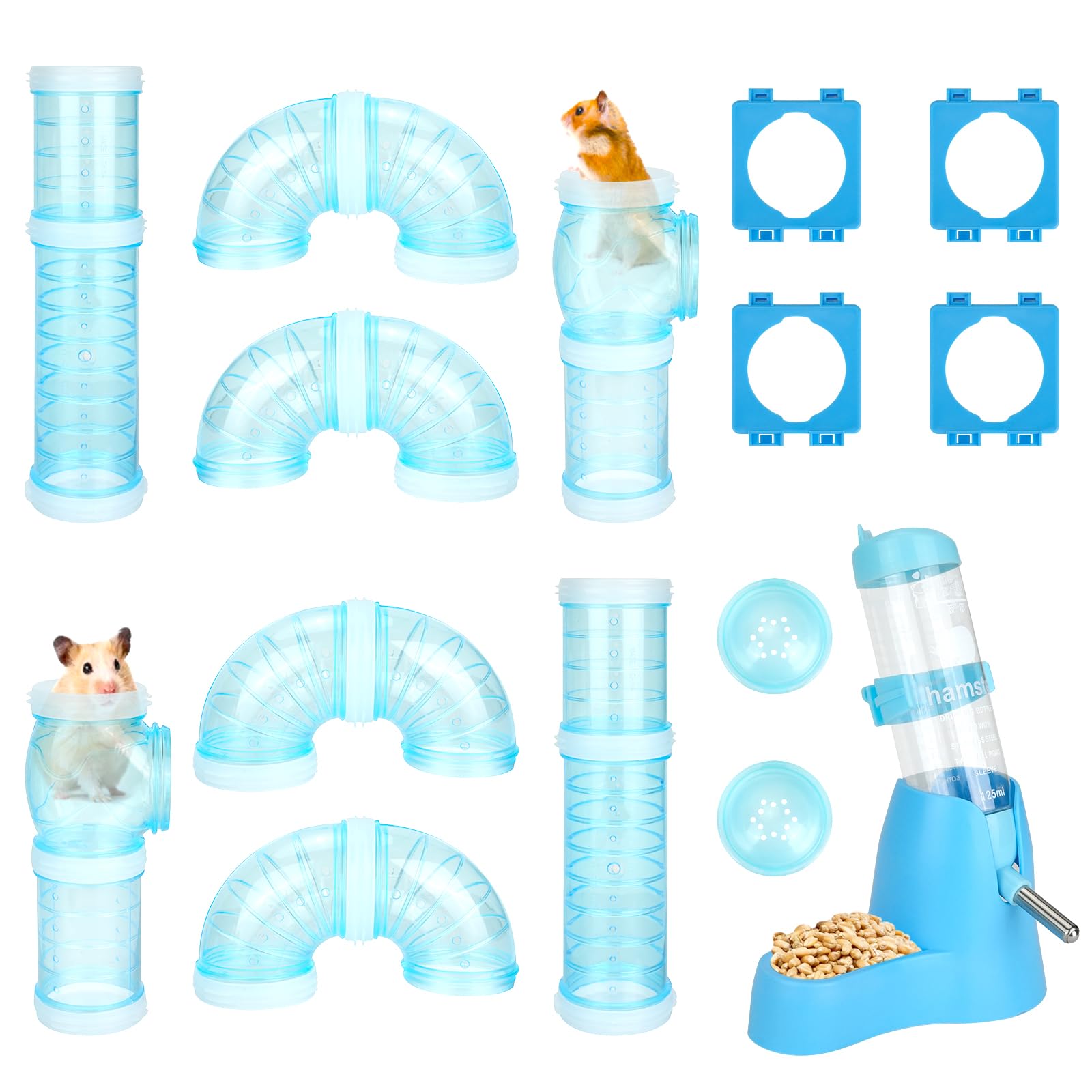 RETON Tubos de hámster, 2 juegos de tubos externos de aventura de túnel de hámster con 1 botella de agua para hámster, 4 placas de conexión de tubería, 2 tapones de tubo de jaula de hámster,
