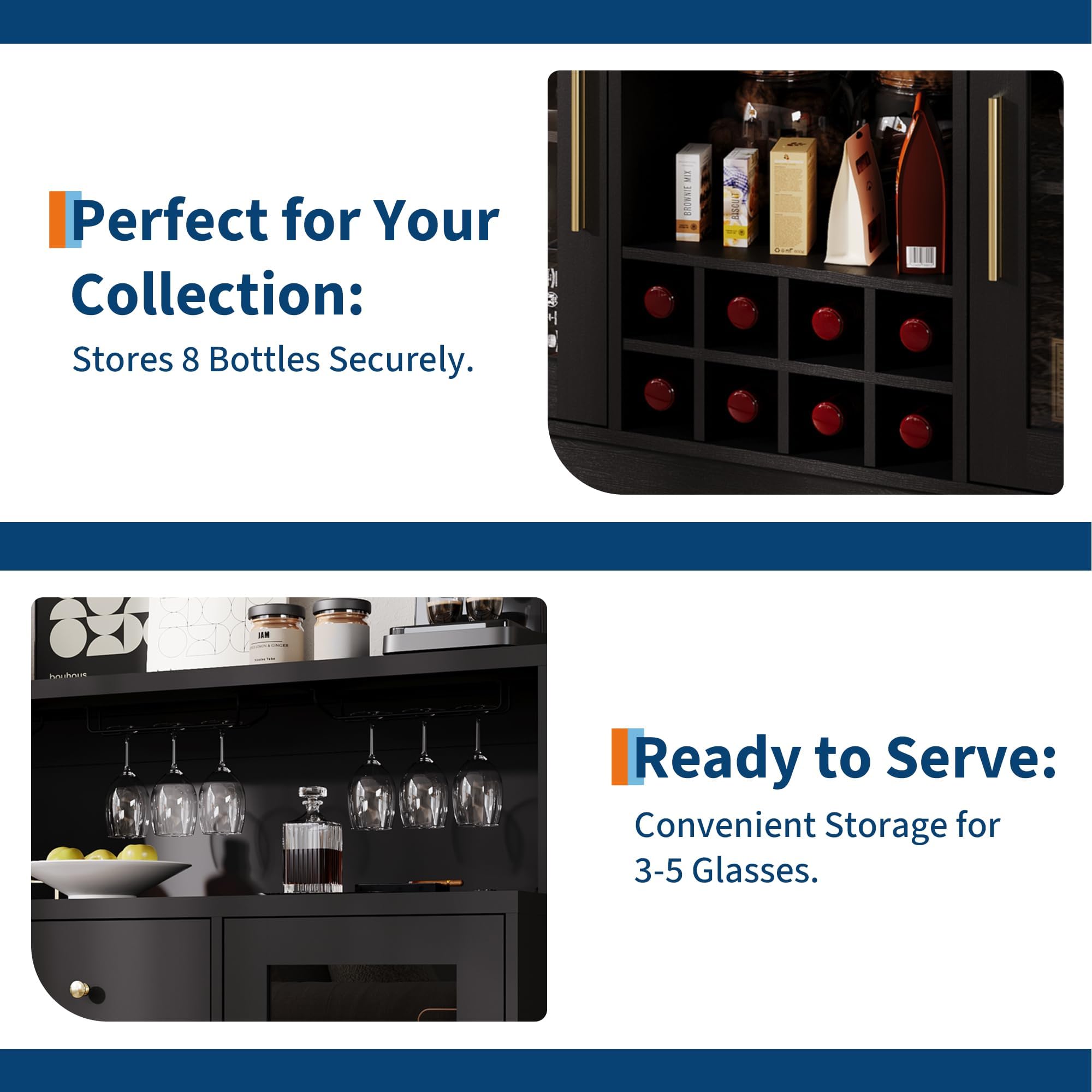 Garvee Modernes Wein- und Barschrank mit LED-Beleuchtung – Glashalter, Schublade, Steckdose, Platz für 8 Flaschen & 9-15 Gläser – Farbe: Schwarz