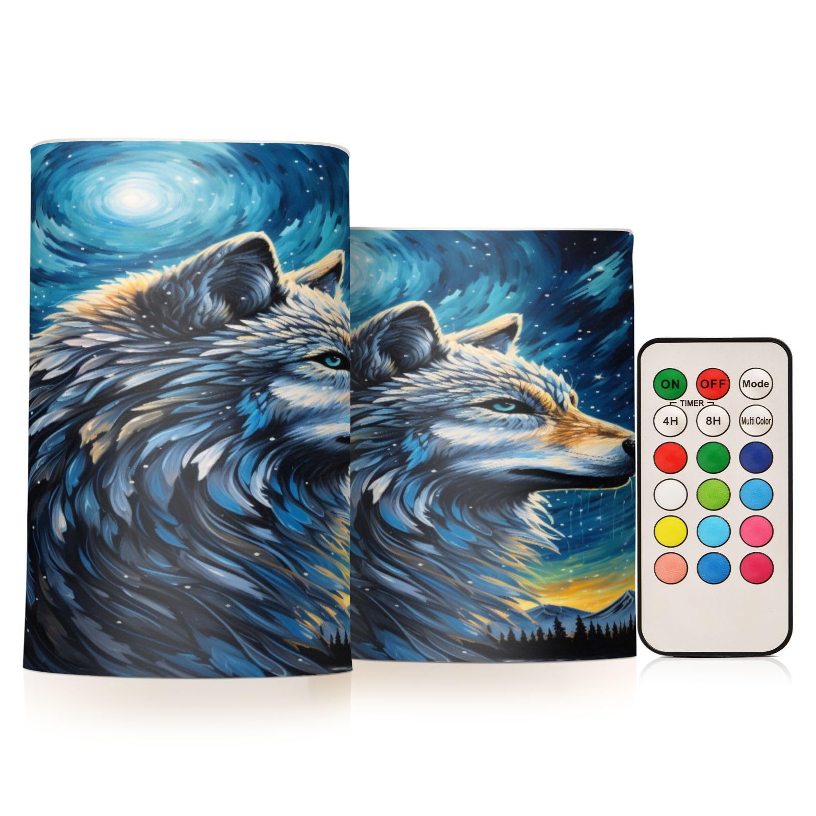 Mnsruu Flickering Flameless Candles Wolf Blue Starry View LED Candles with Remote Timer Set of 2 Battery Operated Candle Home Decoration