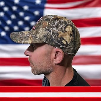 Realtree Patriotic 3D Logo Flag Cap Hat, Classic Precurved, Sweatband, Snapback, Embroidered Antler Logo USA Flag Patch Americana Cap Hat Mid Profile