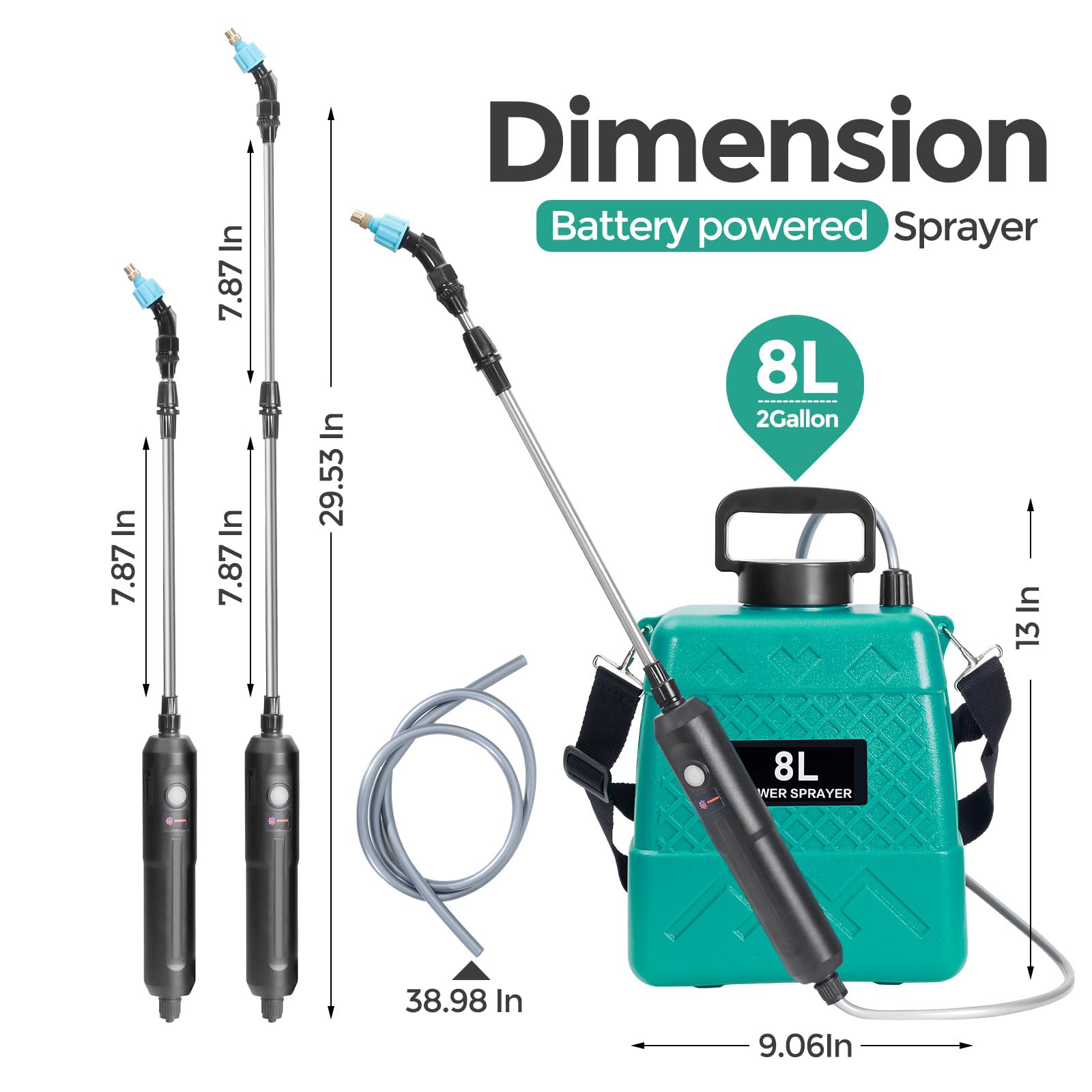 Spruzzatore da giardino da 2 galloni, spruzzatore a batteria con 5 ugelli per nebbia, spruzzatori elettrici a zaino con asta telescopica per prato e giardino