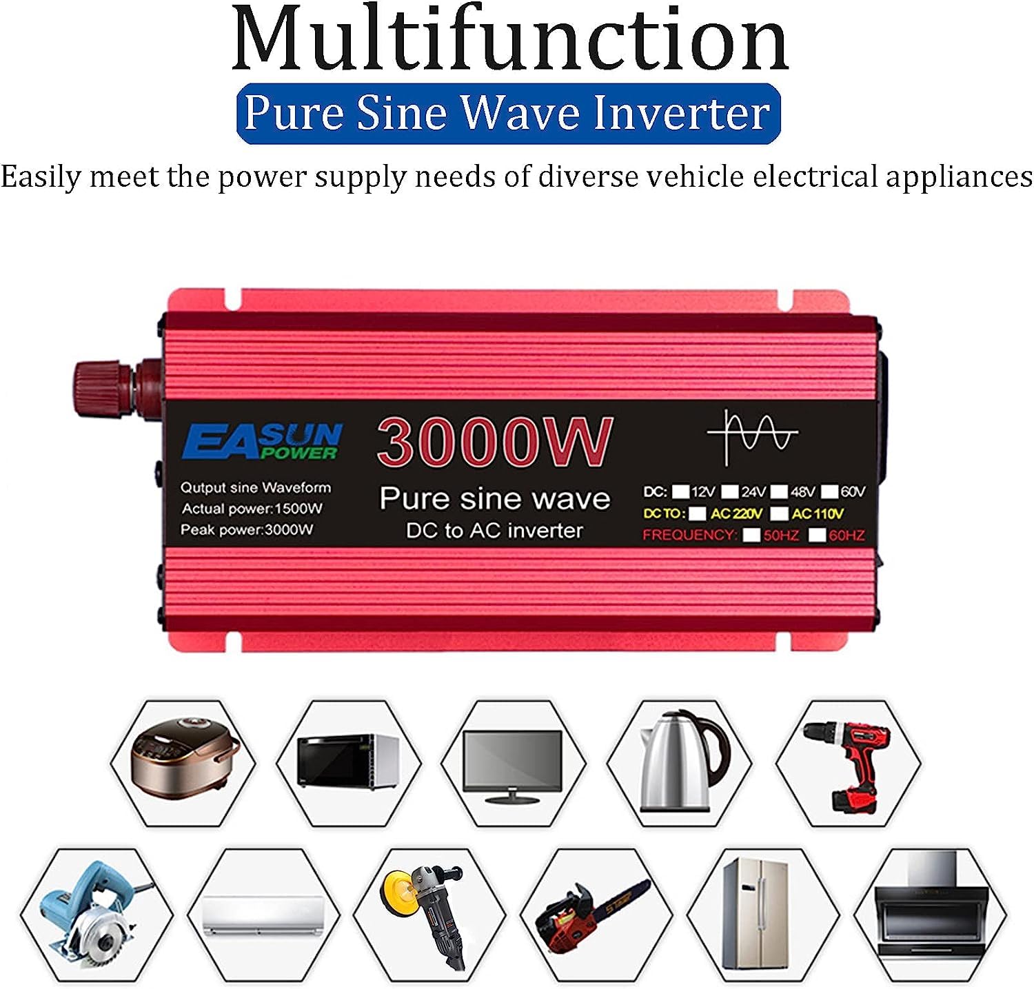 Spannungswandler 1000W 1600W 2200W 3000W Reiner Sinus Wechselrichter DC 12V 24V auf 220V 230V AC Pure Sine Wave Power Inverter Konverter Autokonverter Autoadapter mit Steckdosen (12V,2200W)