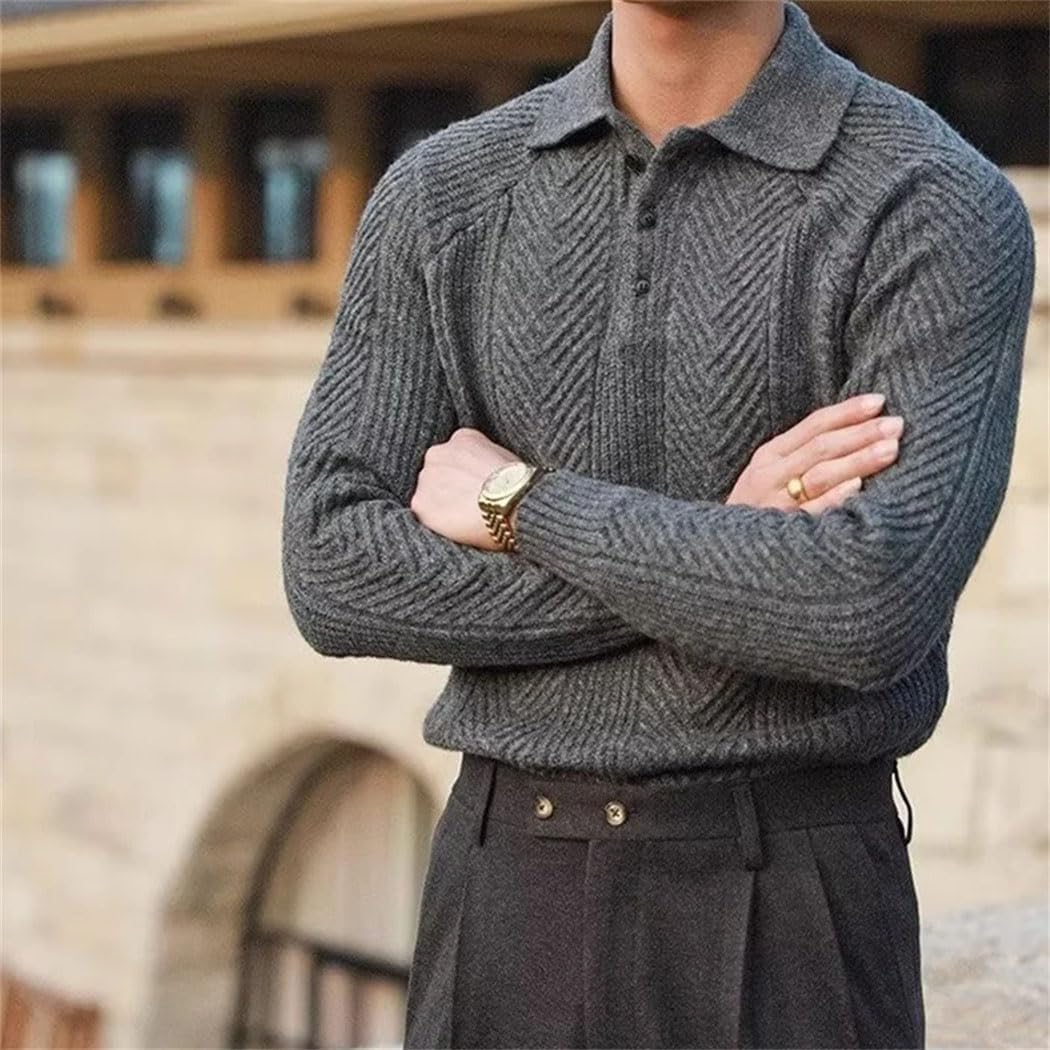 Men's Fashionable Textured Knitted Sweater Long Sleeve Turn-Down Collar Zipper Pullover Autumn Knit Clothing