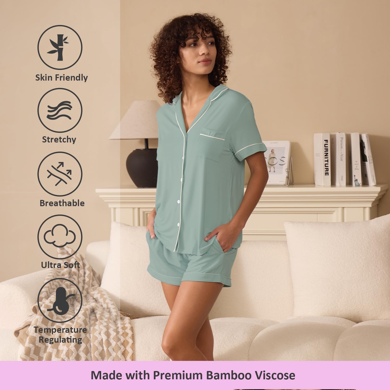 TOSMO Women's Pajamas Set Viscose from Bamboo Short Sleeve Sleepwear Button Down Loungewear Soft Cooling Pjs