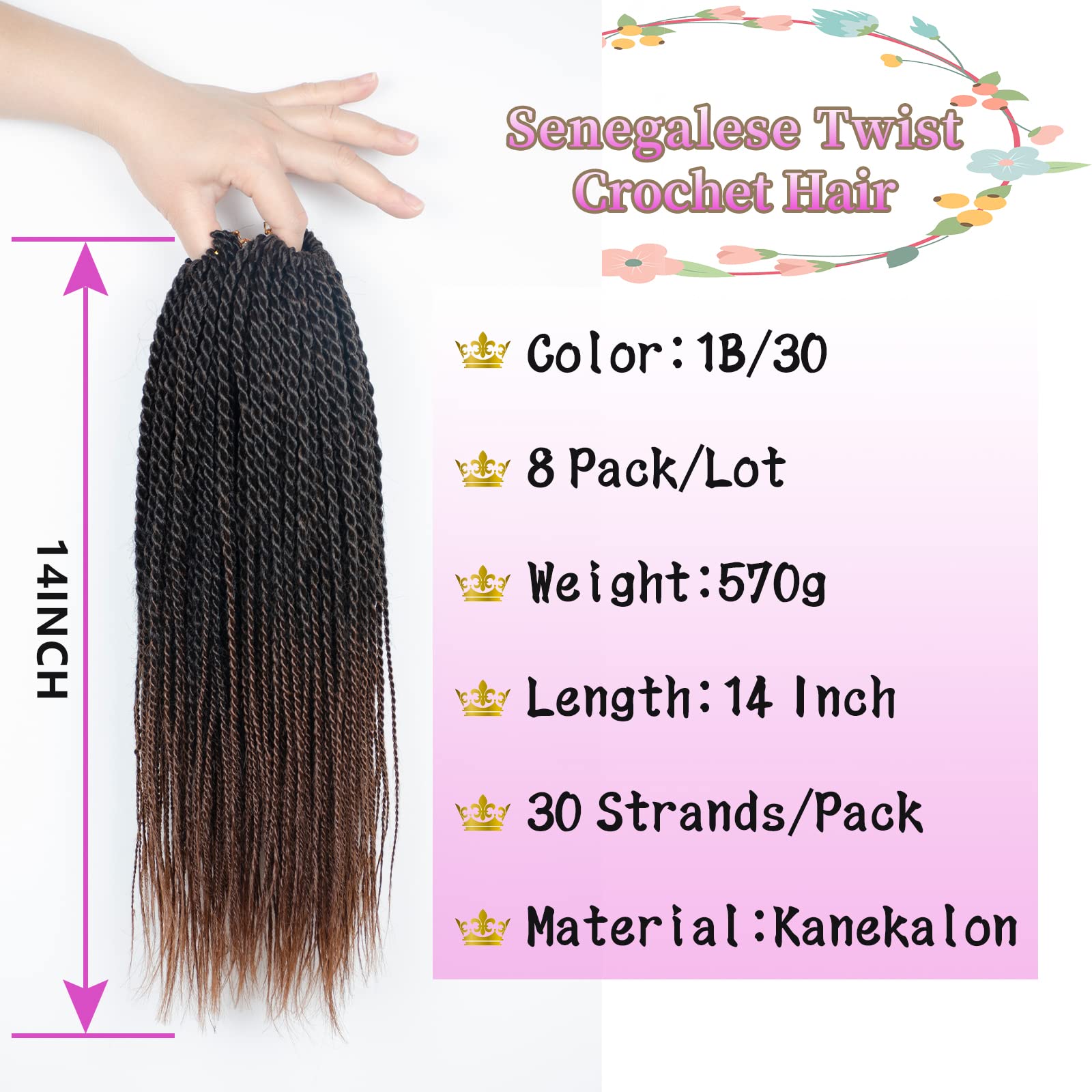 MOSINA Senegalese Twist Crochet Hair 14 Inch Crochet Hair For Black Women Professional Synthetic Hair 30 Strands/Pack Small Twist Hair Hot Water Setting (14 Inch, 1B/30)