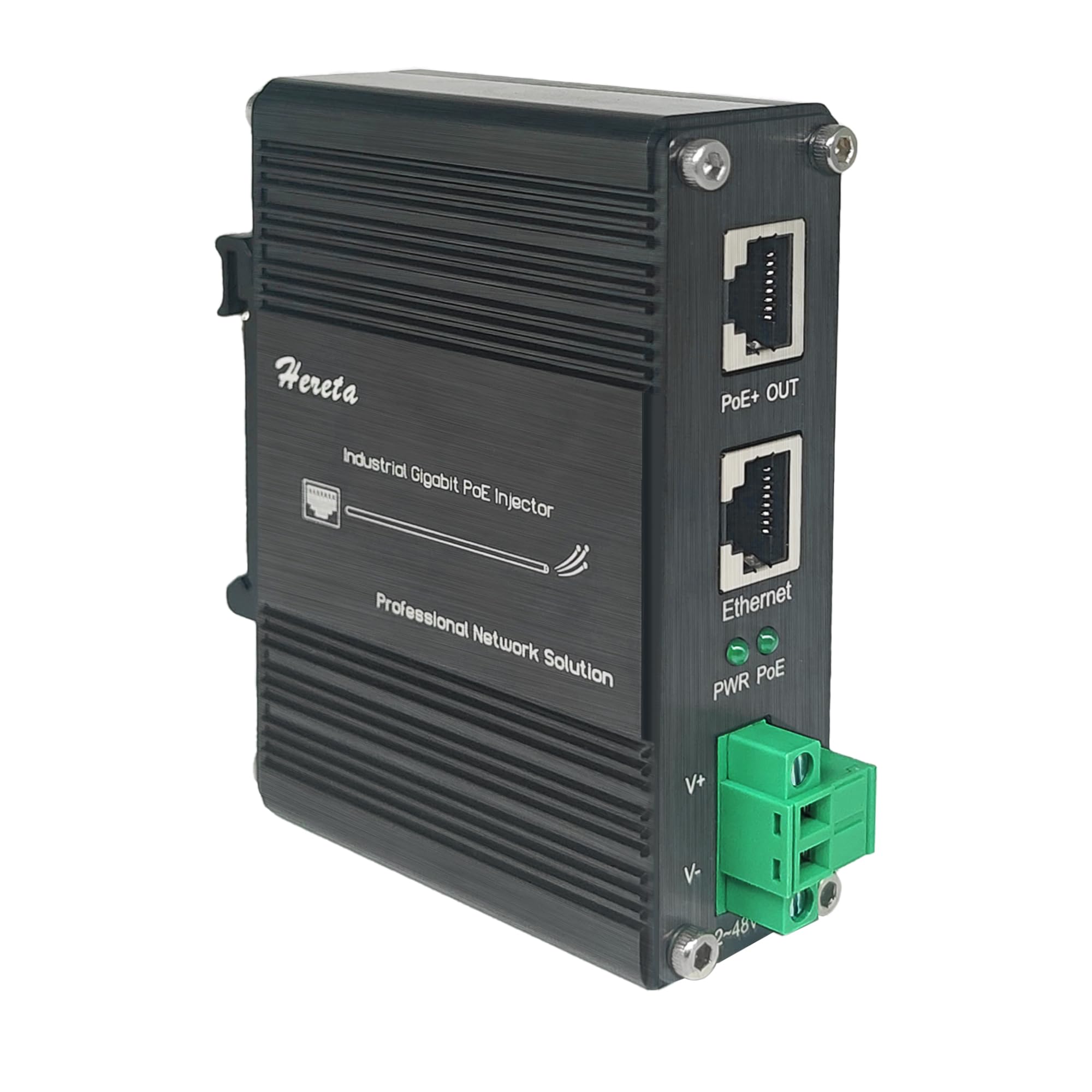 Injecteur Gigabit PoE+ 60 W haute puissance, conforme à la norme IEEE802.3af/at, entrée 12 ~ 48 VDC, boîtier en aluminium IP40 avec protection contre les surtensions, rail DIN, montage mural