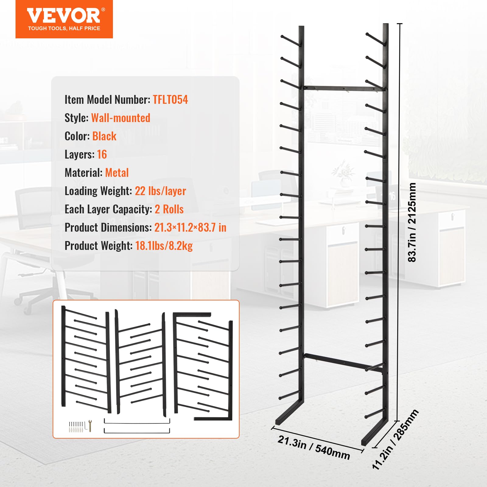 VEVOR Estante de Almacenamiento de Planos Estante Colgante para Exhibición de Carteles de 16 niveles, 2 Rollos/Neumático, Soporte Vertical para Archivos en Rollo de Planos para Pósteres, Mapas