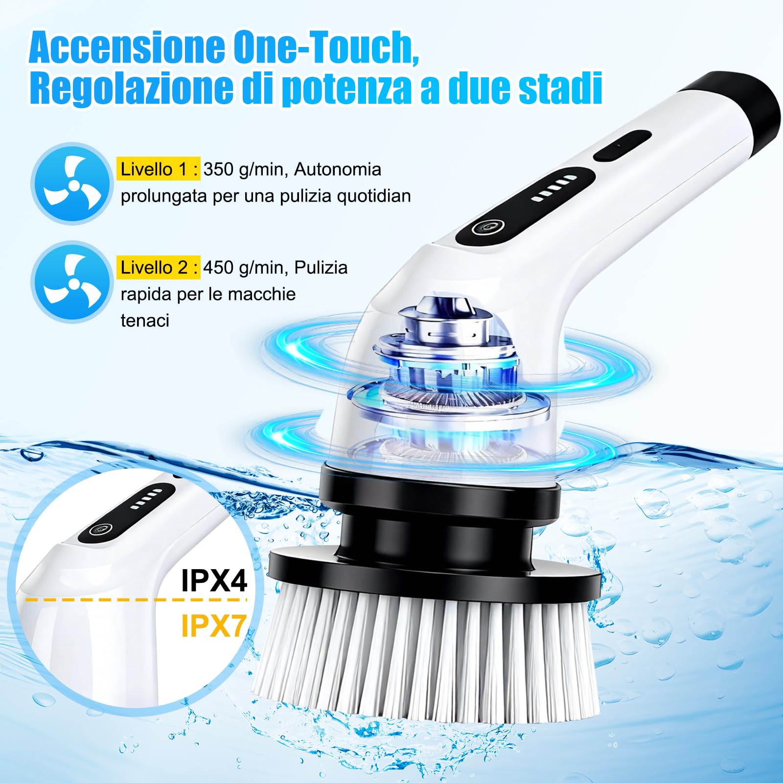 PATEMZON Spazzola Elettrica Rotante, 9 in 1 Spazzola Rotante Pulizia Casa-IPX7, Doppia Velocità e Manico Estendibile, Spazzola Elettrica per Doccia, Cucina, Auto, Piastrelle, Pareti, Pavimenti