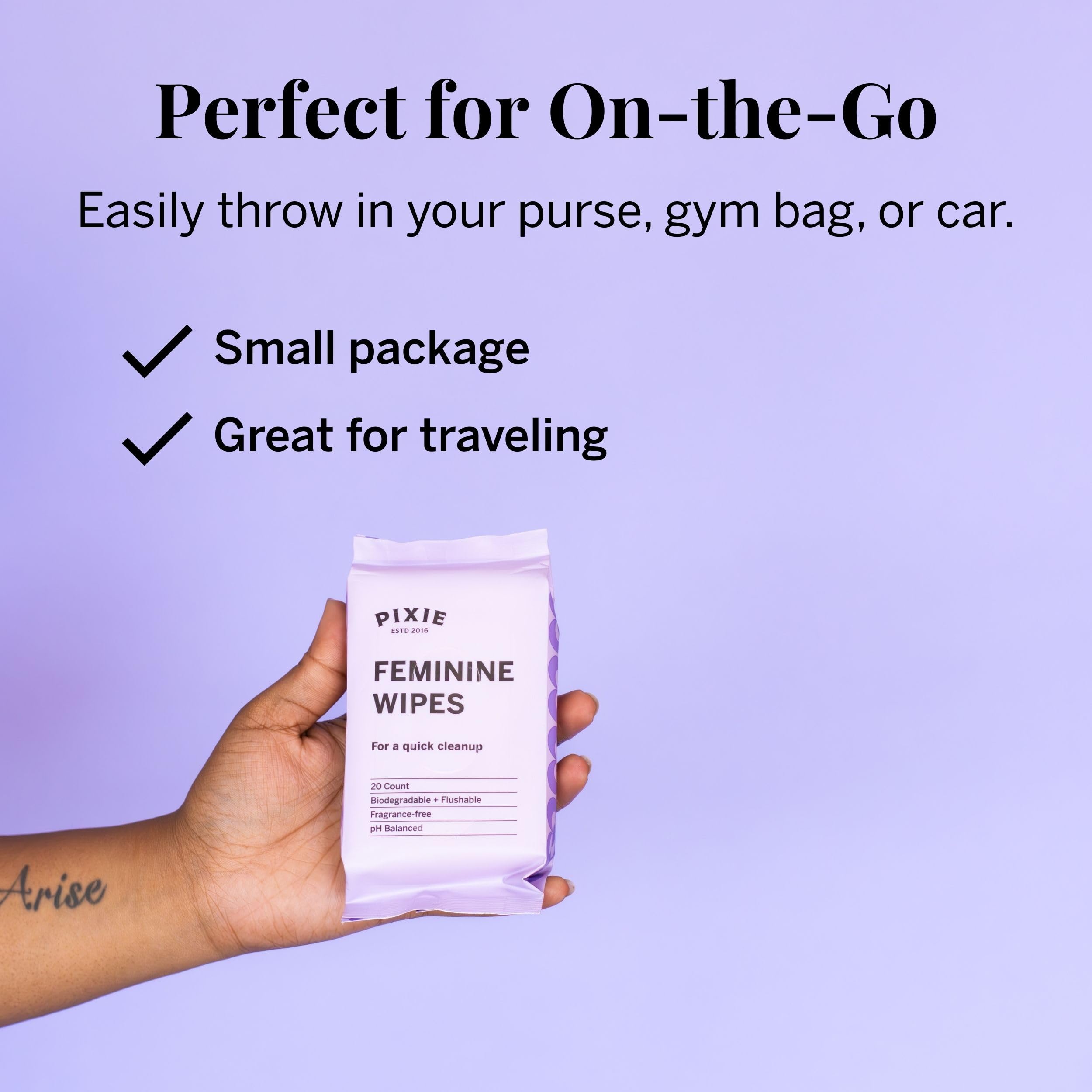 Pixie Feminine Wipes - On The Go Public Bathroom Wipes for Feminine Care - Safe On Period Cups & Menstrual Discs - Biodegradable, Flushable, pH Balanced & Unscented Menstrual Cup Wipes (20 Count)