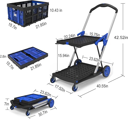 Miniatura 3 de LEADALLWAY Carrito de compras de comestibles con 2 cajas de almacenamiento, carritos plegables funcionales multifuncionales, color azul