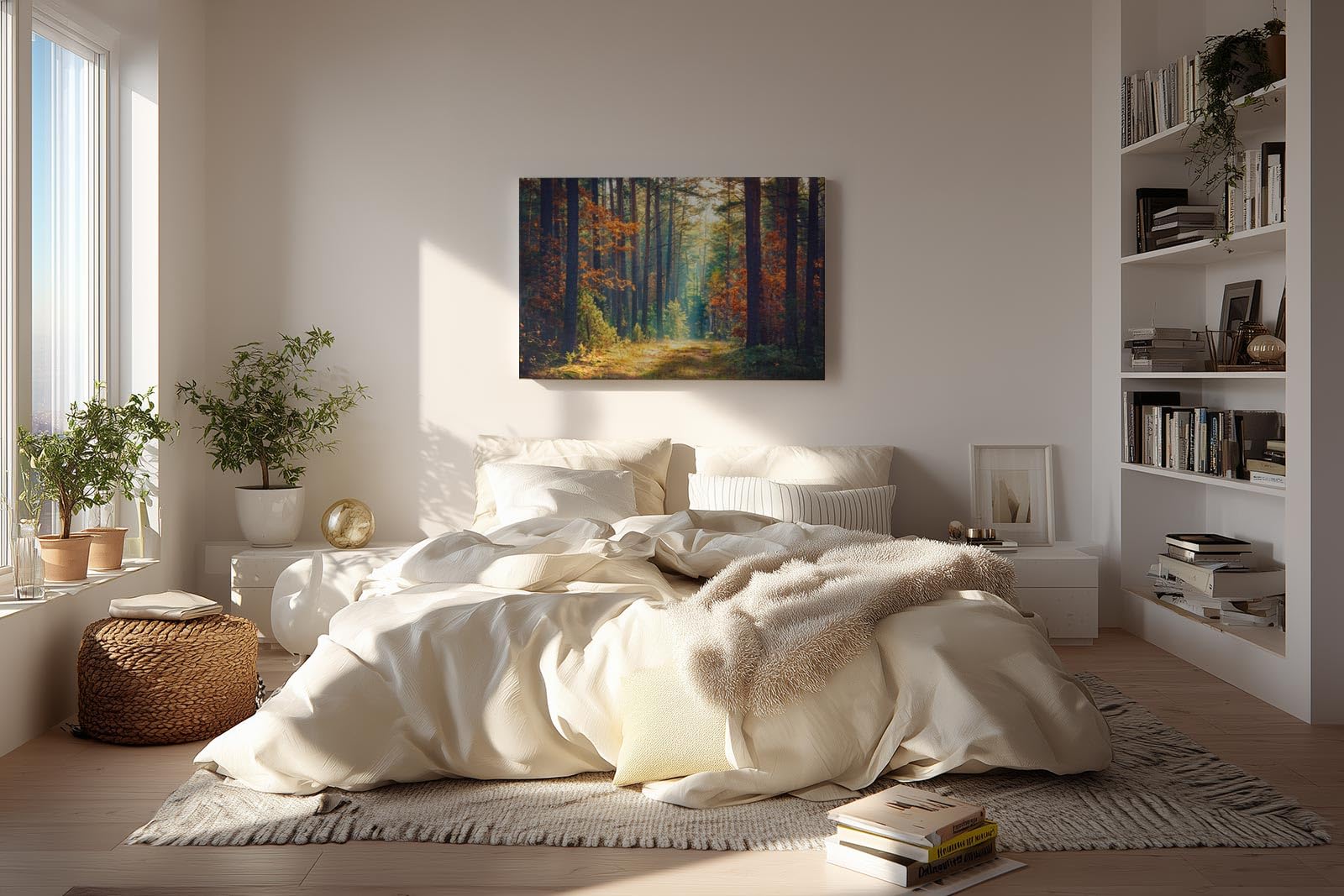 Sinus Art Wandbild 120x80cm Waldweg durch herbstlich gefärbten Wald mit Lichtspiel für gemütliche Raumwirkung