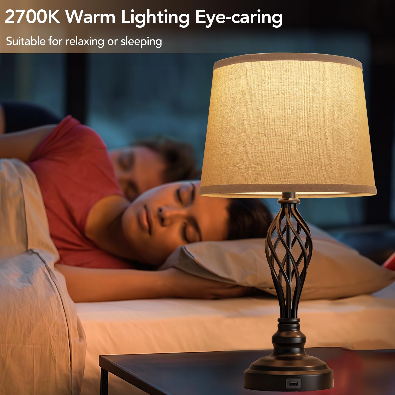 PARTPHONER Touch Table Lamps for Bedroom Set of 2, Bedside Nightstand Lamps with USB Port and Power Outlet, 3 Way Dimmable White Lamp for Living Room Nursery Room, Daylight White Bulbs Included: Beige