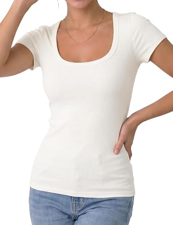YOGINGO Womens Short Sleeve T Shirt Scoop Neck Ribbed Knit Basic Slim Fitted Tees Casual 2026 Summer Going Out Top