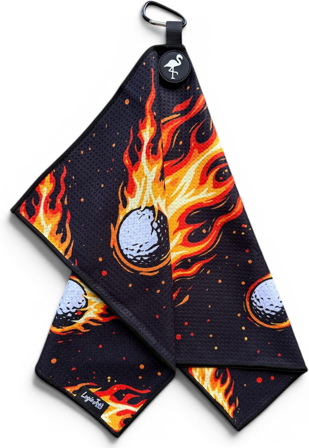 Logie Joe's Fireball Drive Golf Towel | 24” x 16” Microfiber Towel | Magnetic Clip & Carabiner | Premium Golf Accessory
