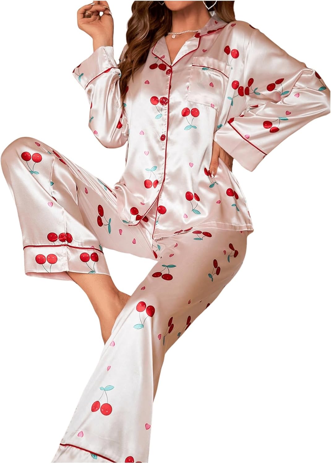 WDIRARA Women's 2 Piece Satin Sleepwear Cherry Print Long Sleeve Sleep Shirt and Pants Pajama Set - Image 4