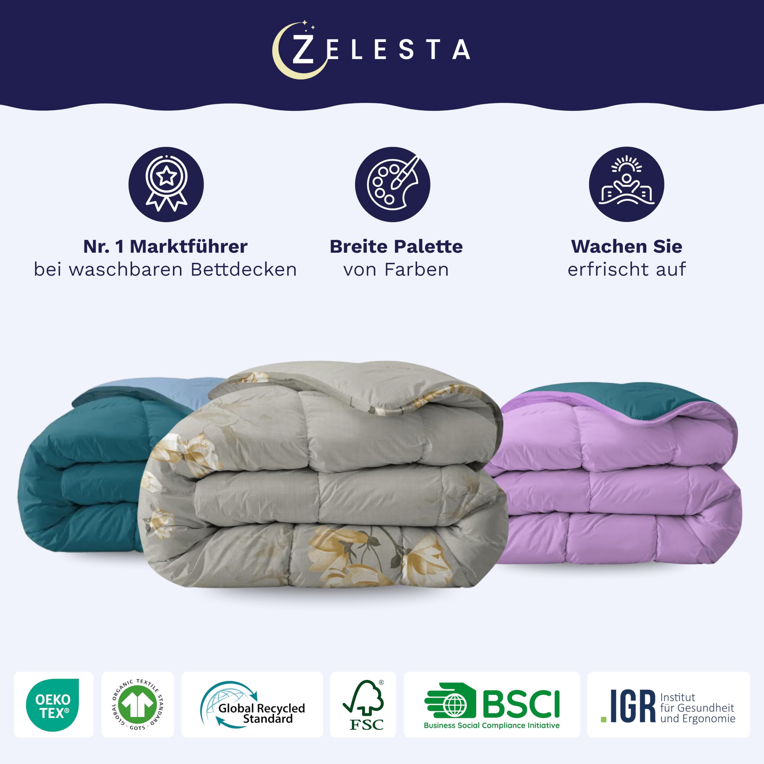 Zelesta Royalbed Ganzjahresdecke 2-in-1 mit integriertem Bezug - maschinenwaschbar - hypoallergen & leicht 300 g/m² Füllung - Zweiseitiges Design - Kein separater Bettbezug erforderlich