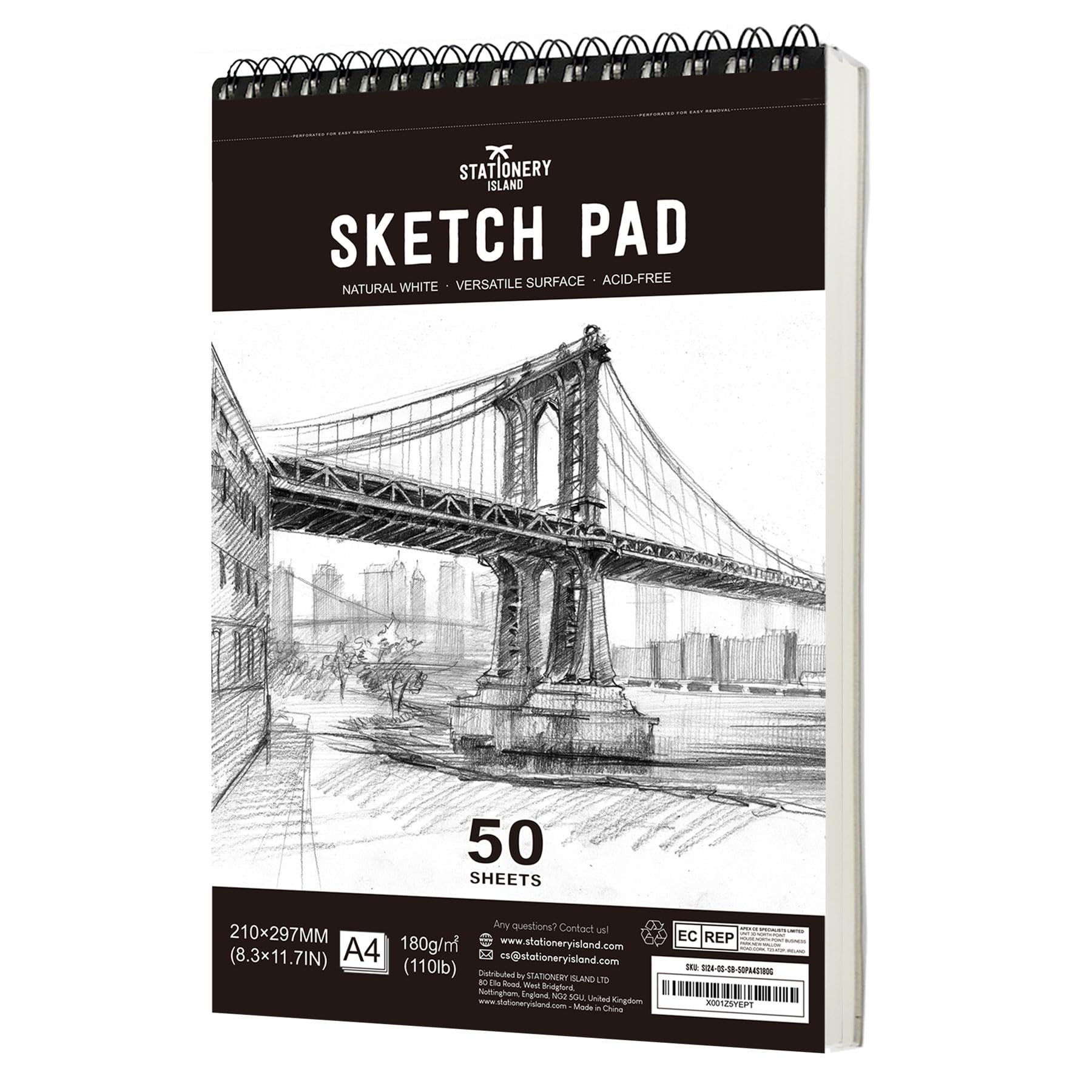 STATIONERY ISLAND Sketch Pad, A4 Sketch Book 180 g/m² Thick Paper, 100 Pages / 50 Sheets Spiral Bound Sketchbook 1 Pack